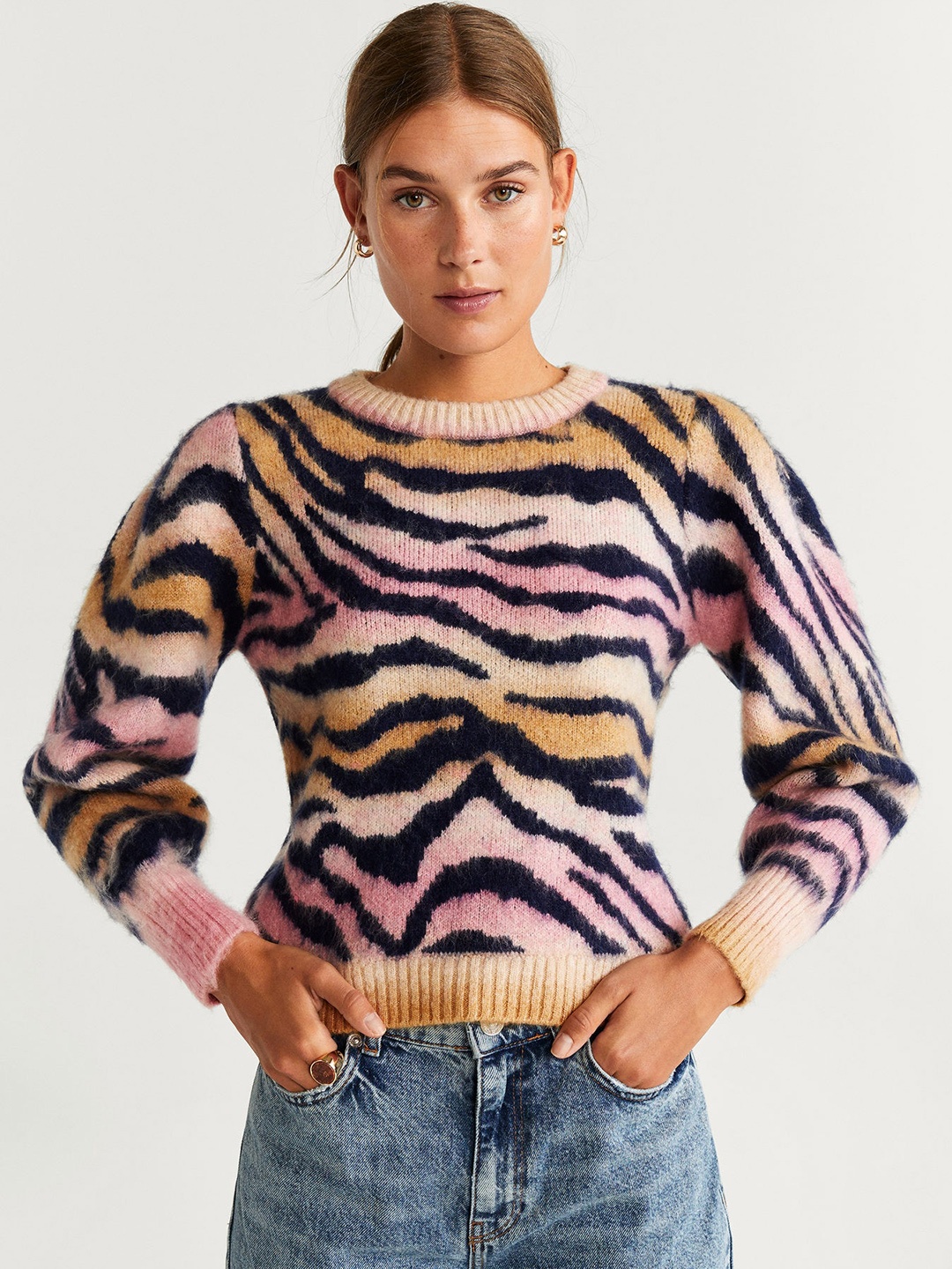 

MANGO Women Navy Blue & Pink Animal Print Pullover Sweater
