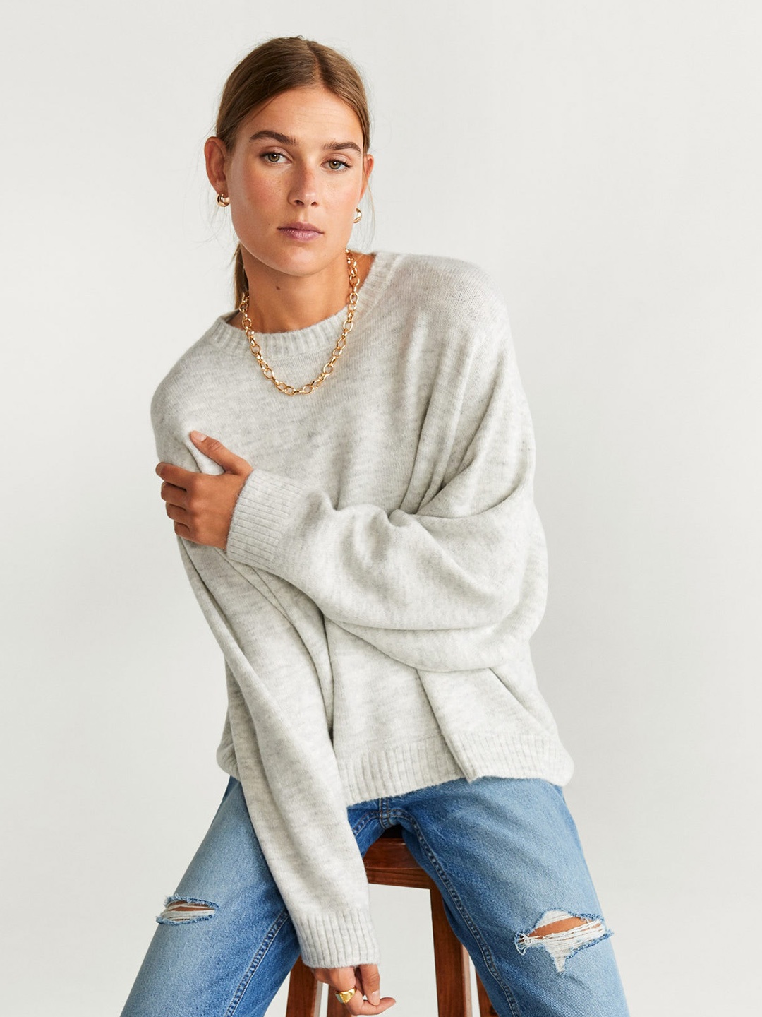 

MANGO Women Grey Melange Solid Pullover