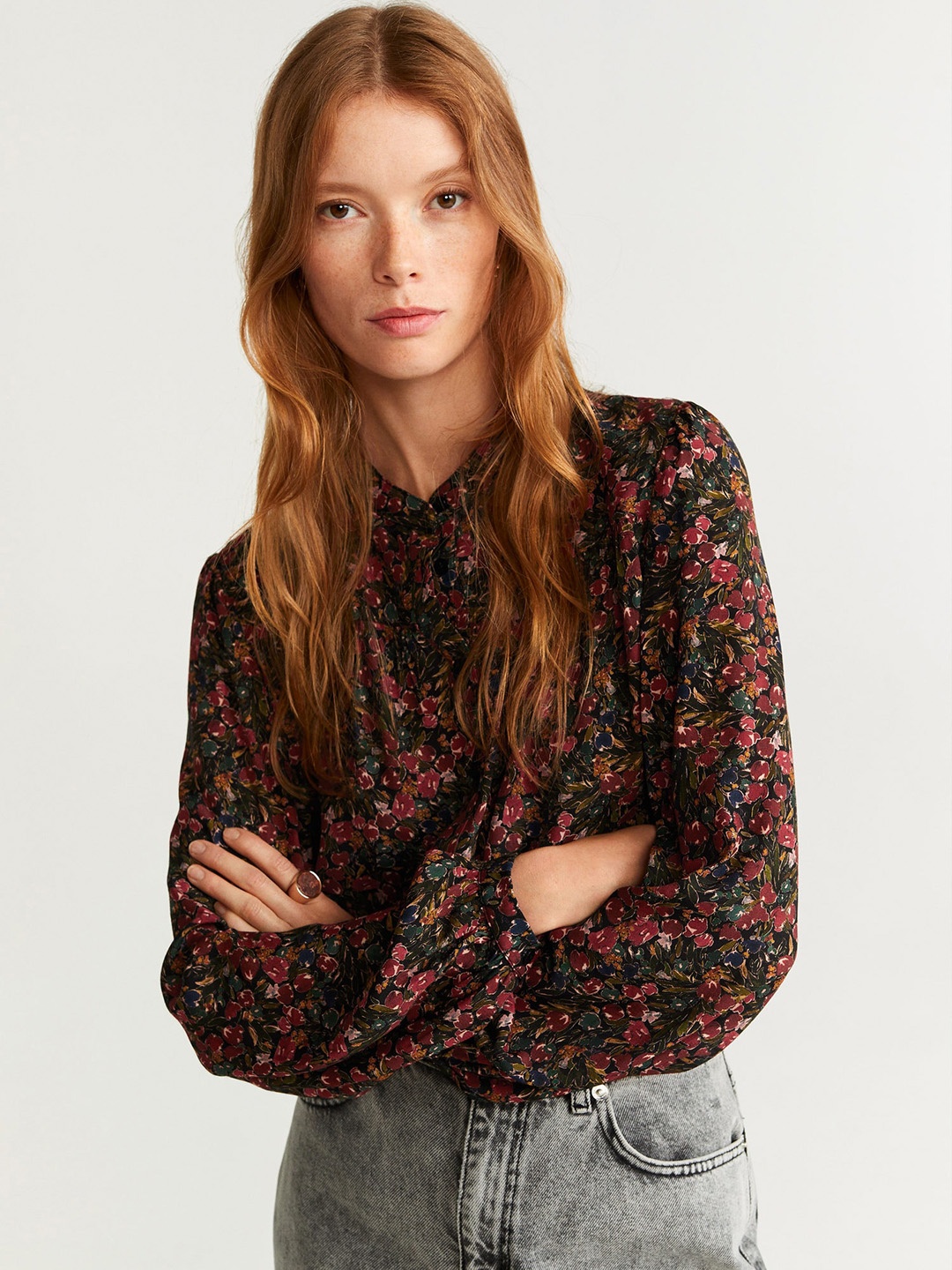 

MANGO Women Black & Maroon Regular Fit Printed Casual Shirt