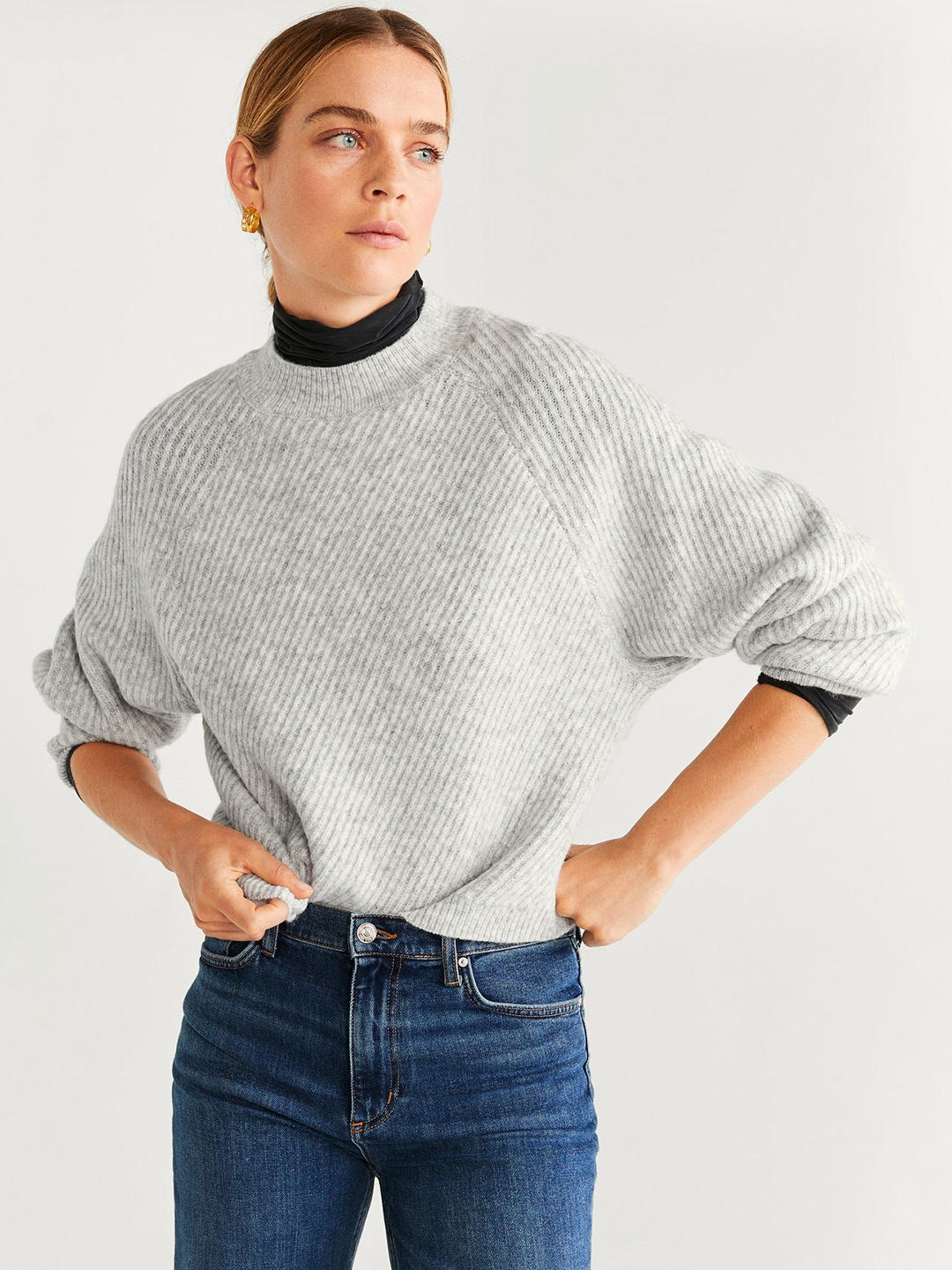 

MANGO Women Grey Melange Ribbed Sweater