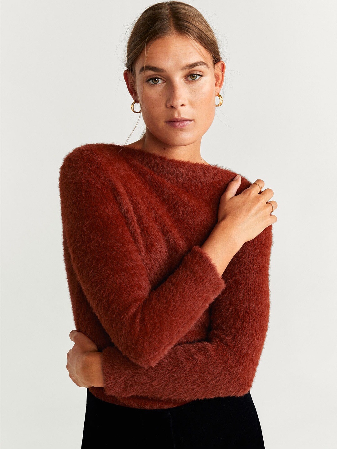 

MANGO Women Rust Orange Solid Pullover with Fuzzy Detail