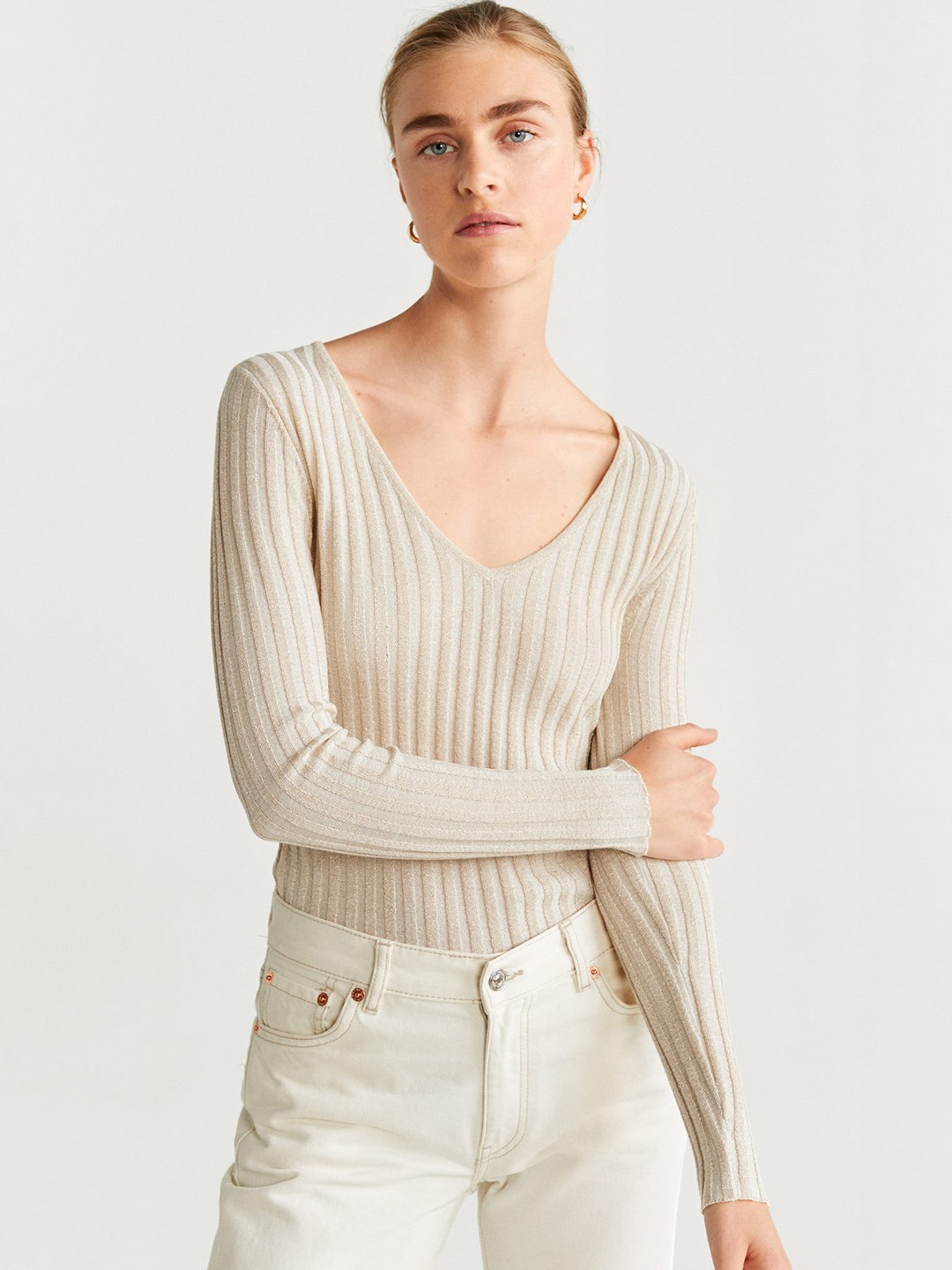 

MANGO Women Beige Striped Fitted Winter Top