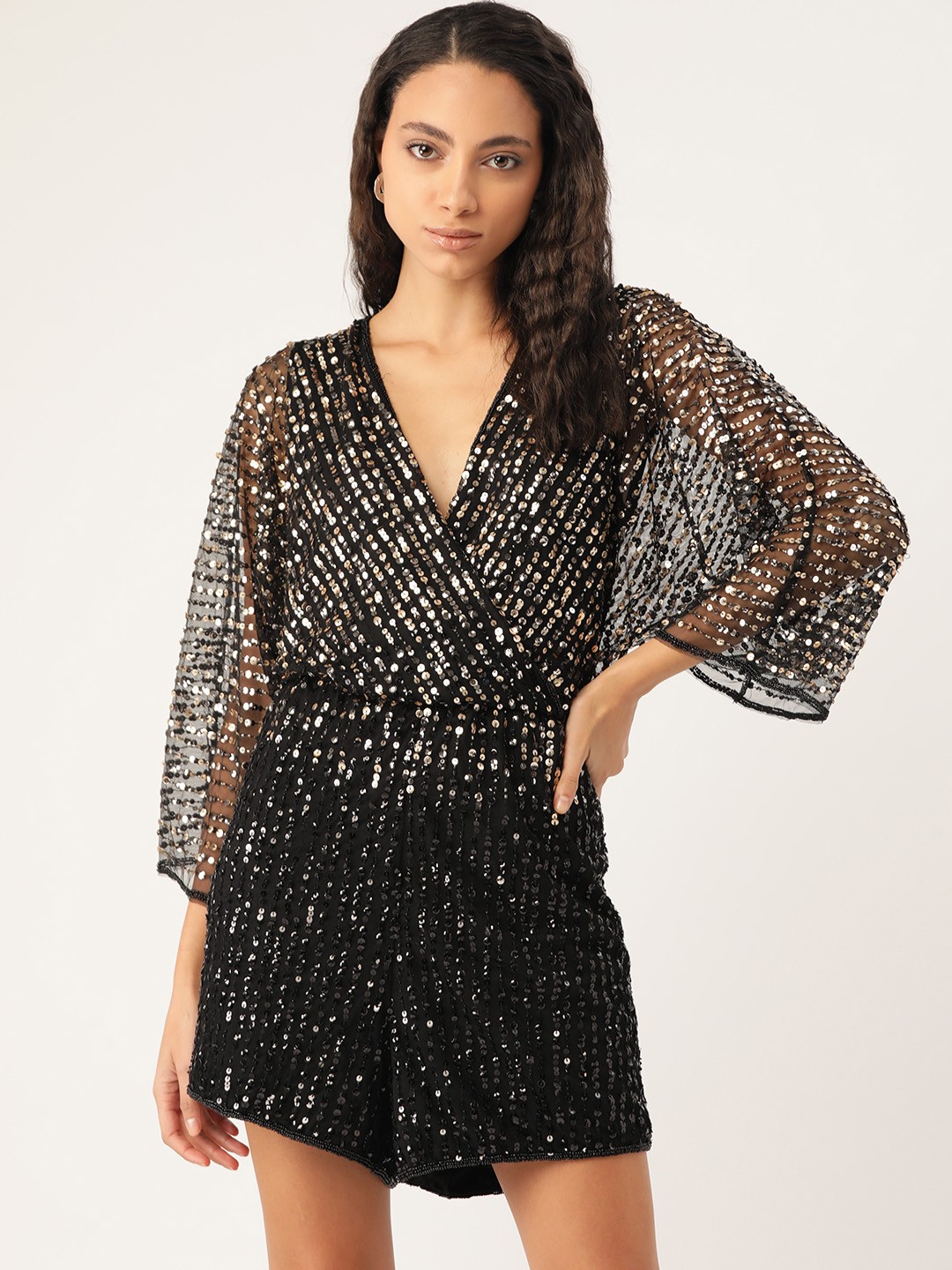 

MANGO Women Black & Silver Sequinned Wrap Playsuit
