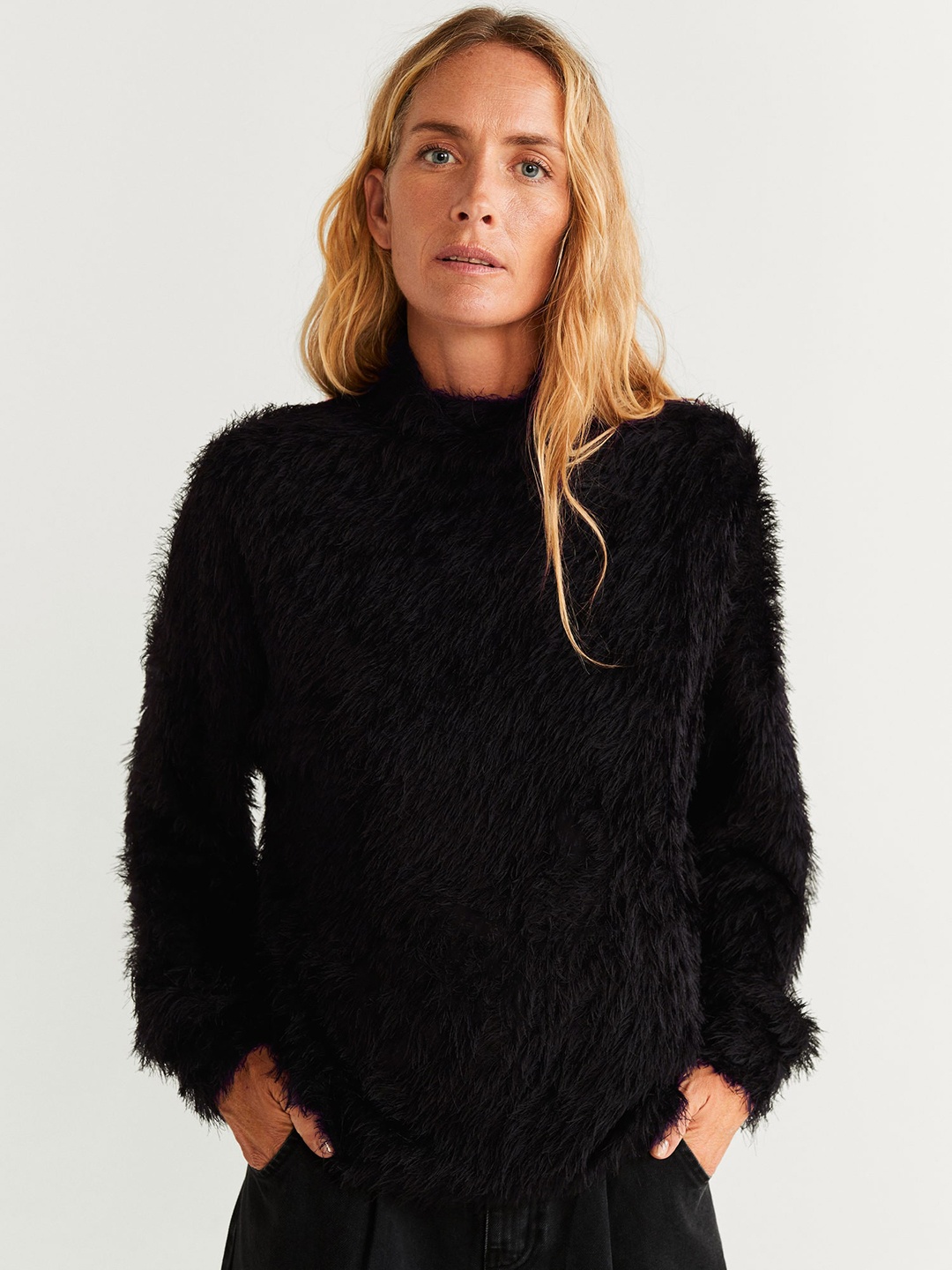

MANGO Women Black Solid Fuzzy Pullover