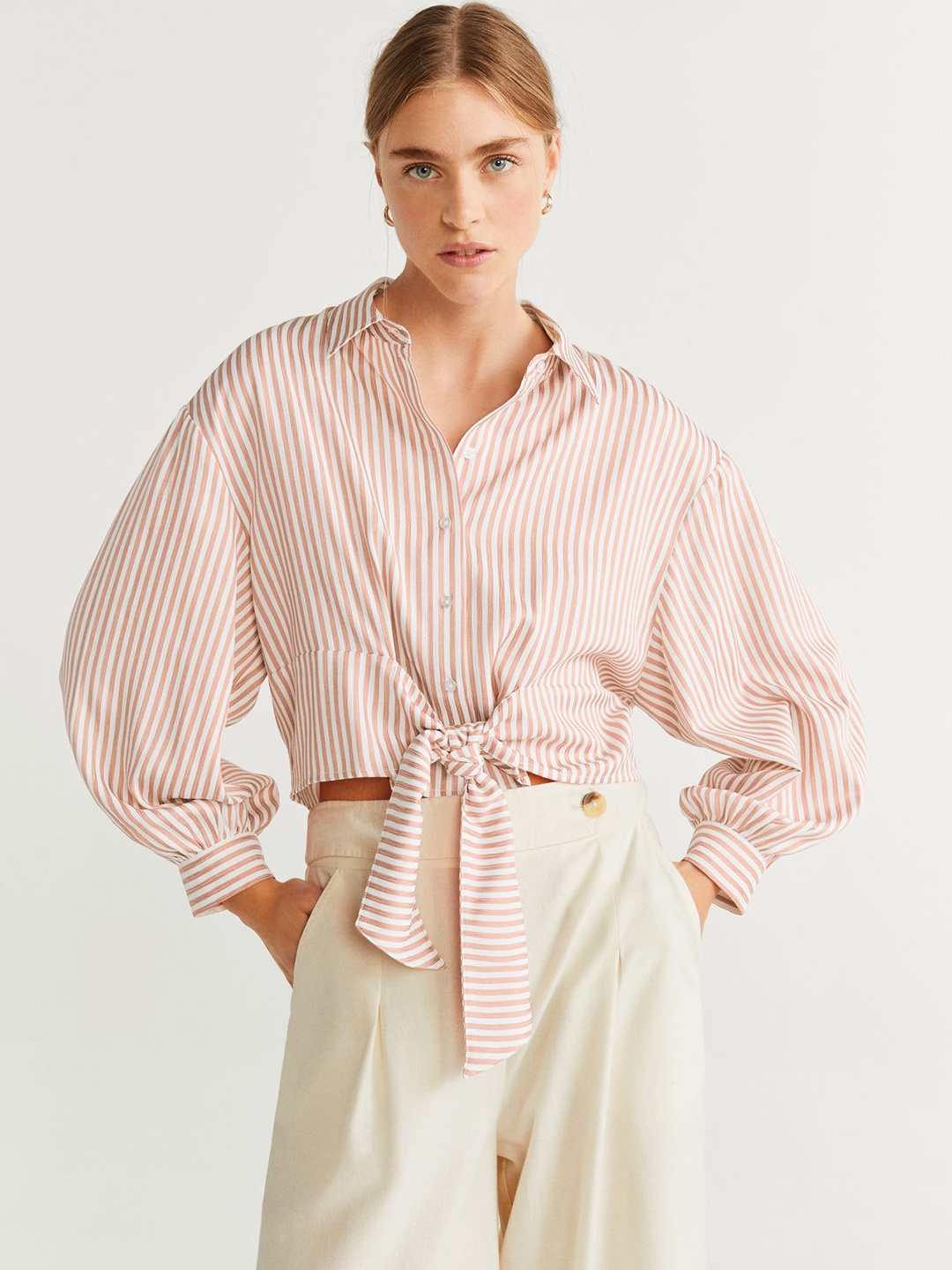 

MANGO Women Dusty Pink & White Regular Fit Striped Cropped Casual Shirt