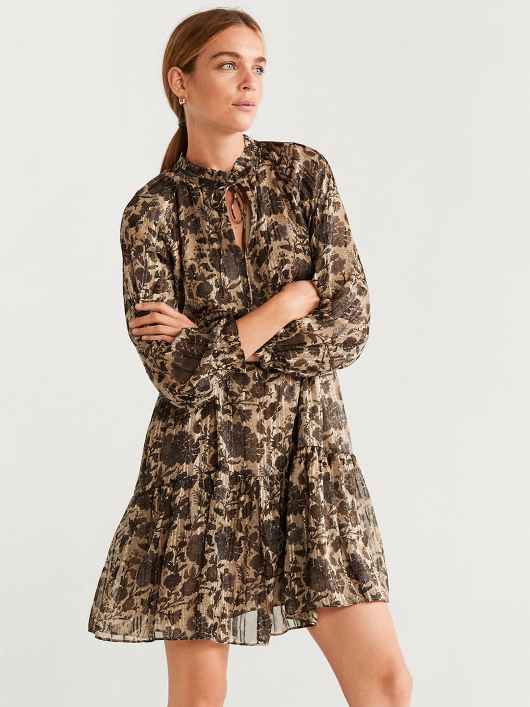 

MANGO Women Beige & Green Floral Printed A-Line Dress