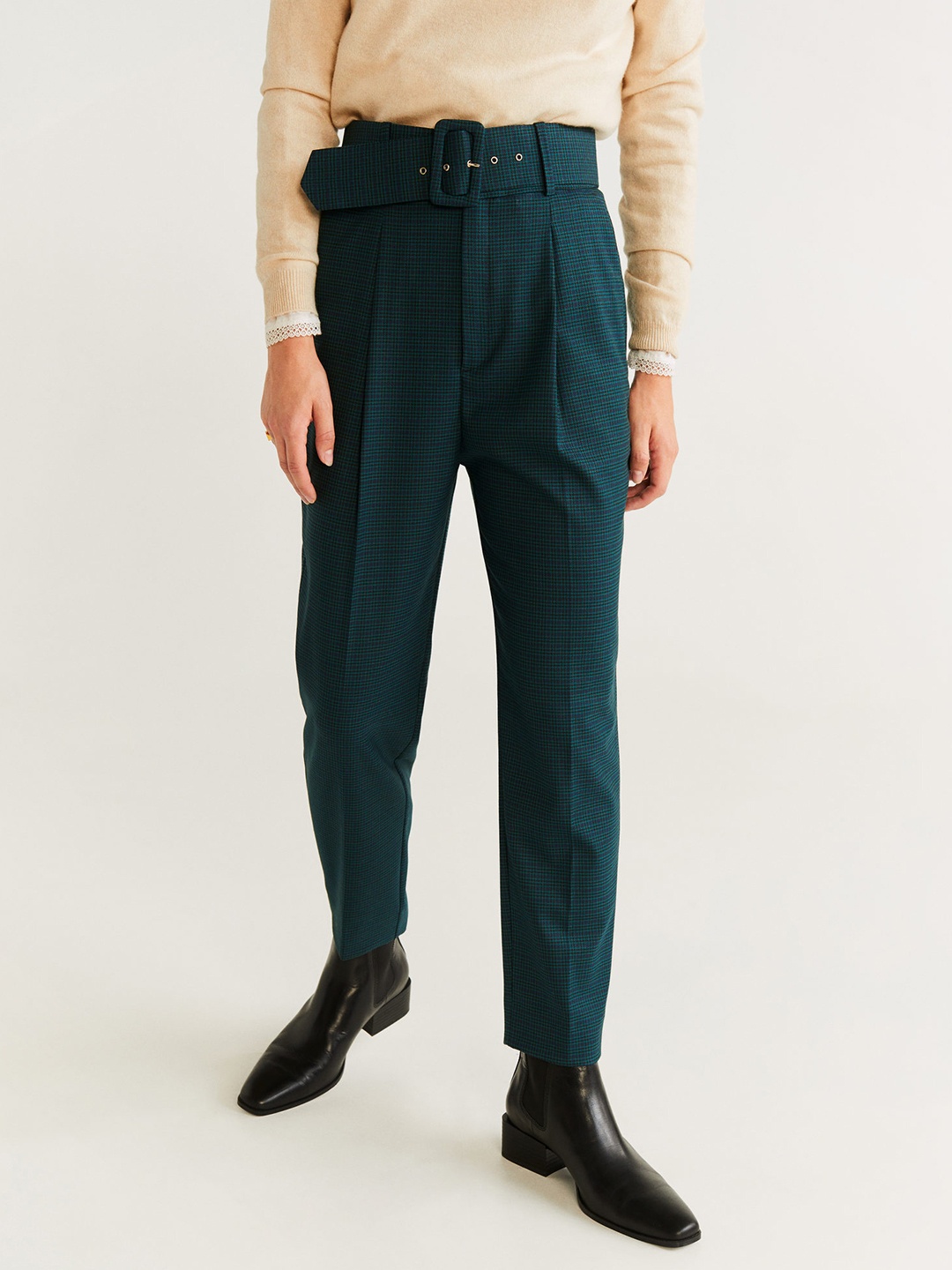 

MANGO Women Teal Green Regular Fit Checked Trousers
