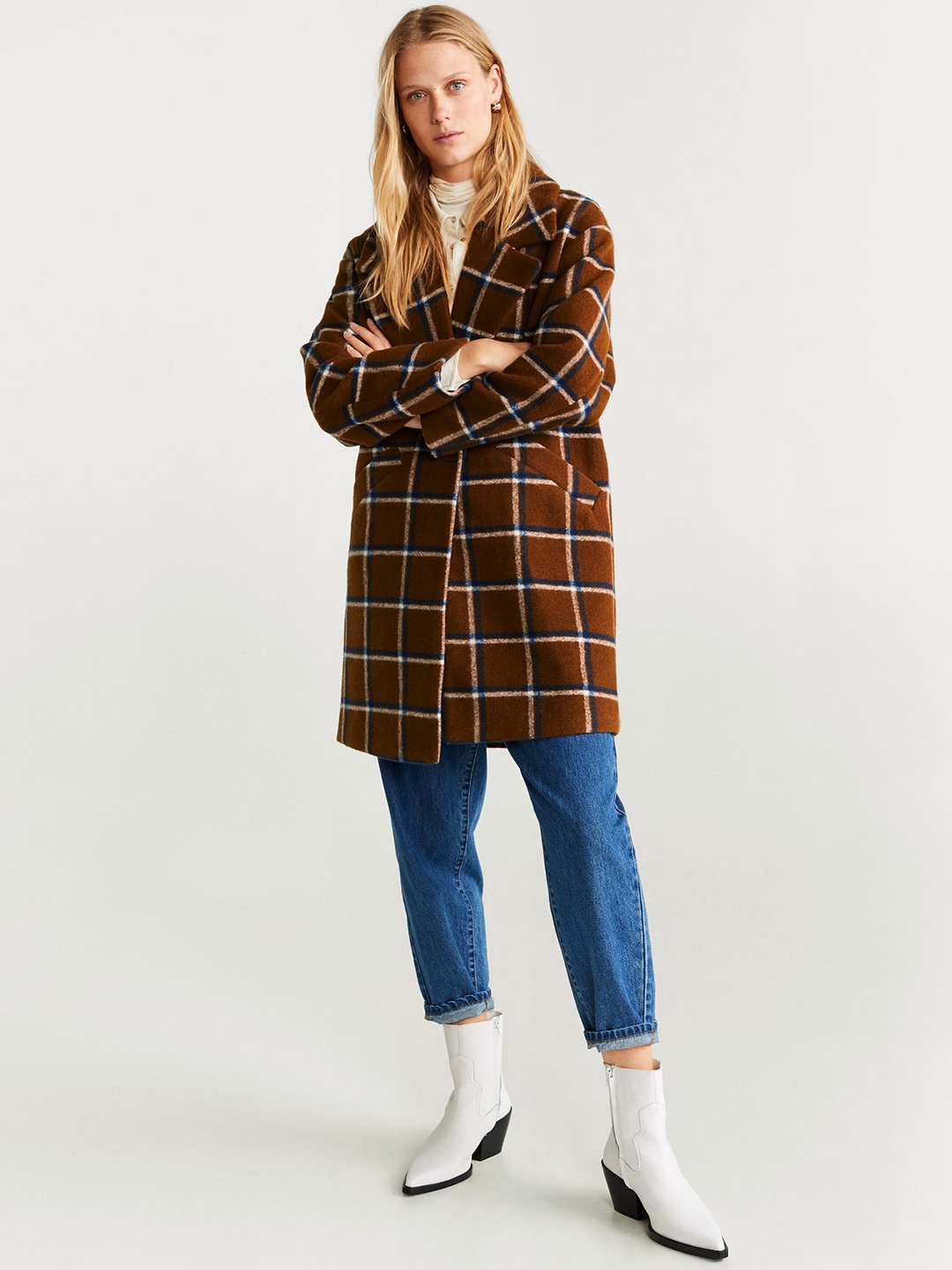 

MANGO Women Brown & Navy Blue Checked Hip Length Overcoat