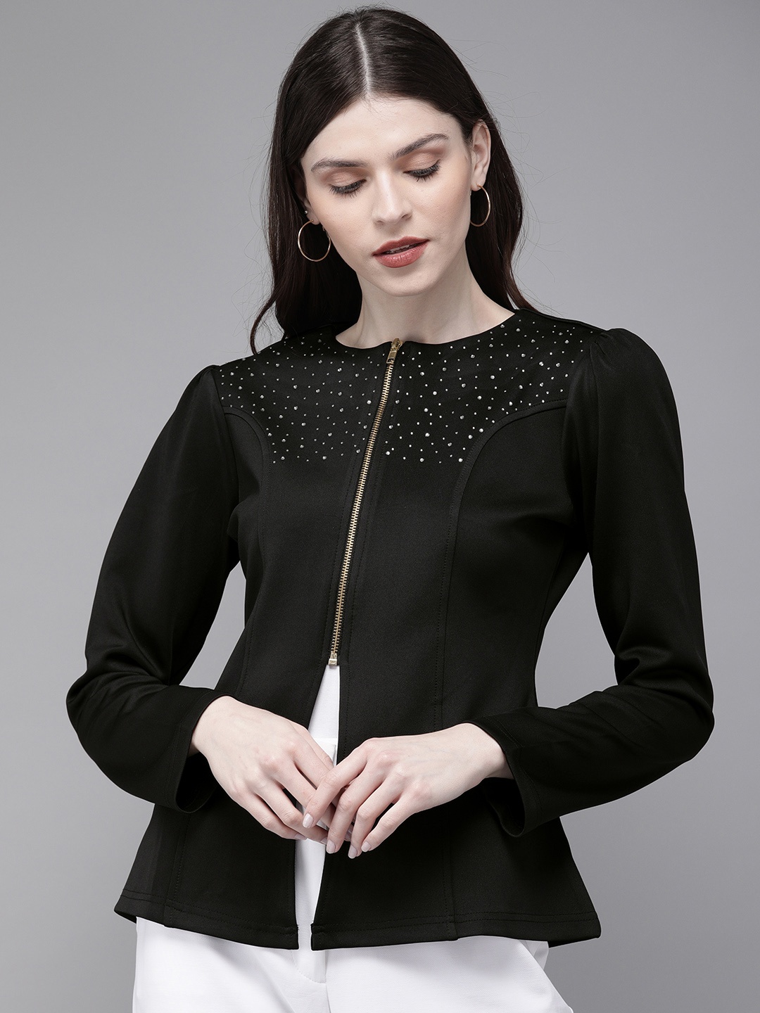 

SASSAFRAS Women Black Solid Open Front Jacket With Embellished Details