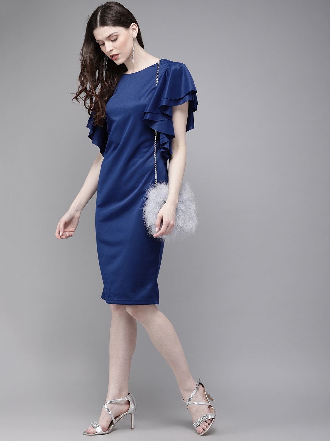 

SASSAFRAS Women Blue Solid Sheath Dress With Flutter Sleeves