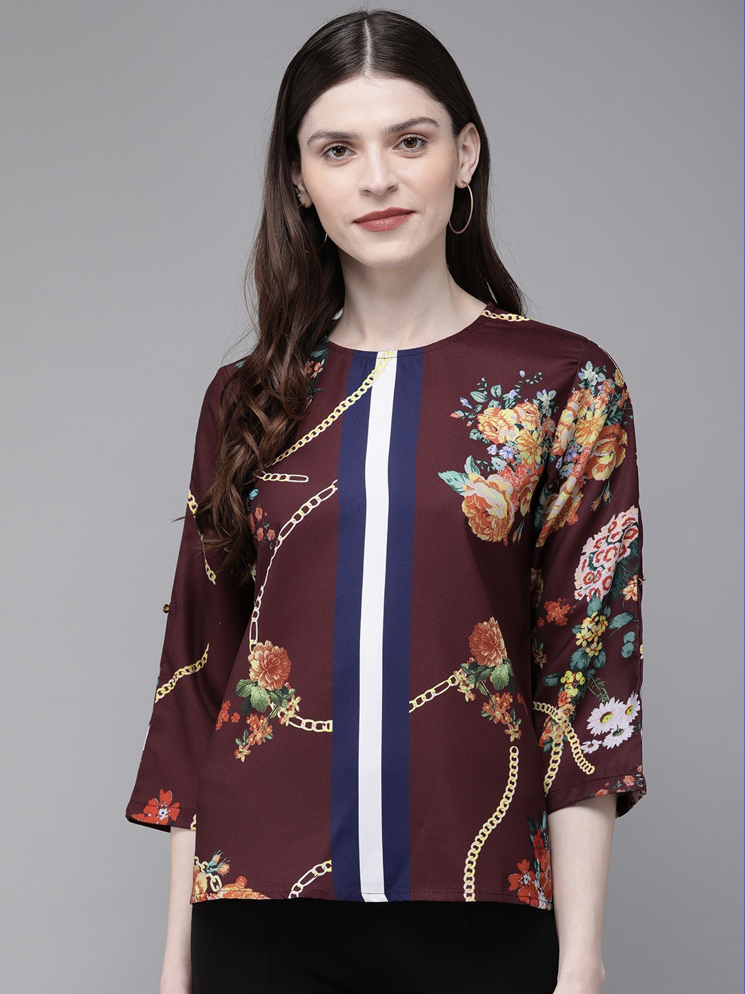 

SASSAFRAS Women Burgundy & Green Printed Top