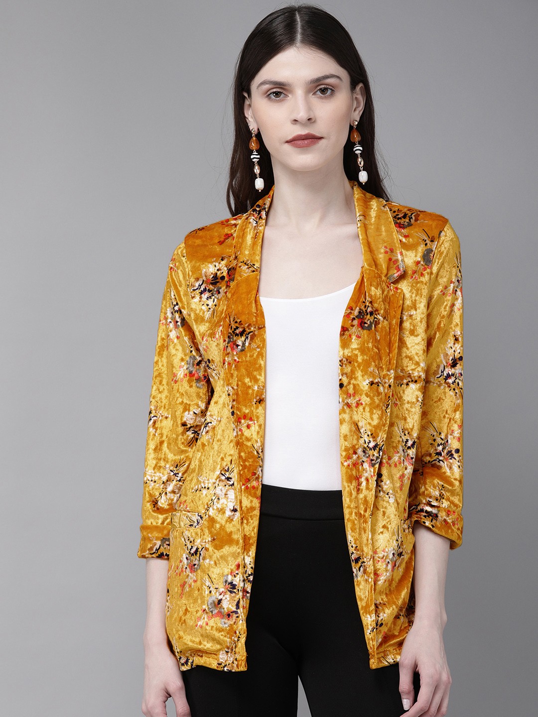 

SASSAFRAS Women Mustard & Navy Blue Yellow Floral Print Open-Front Casual Blazer