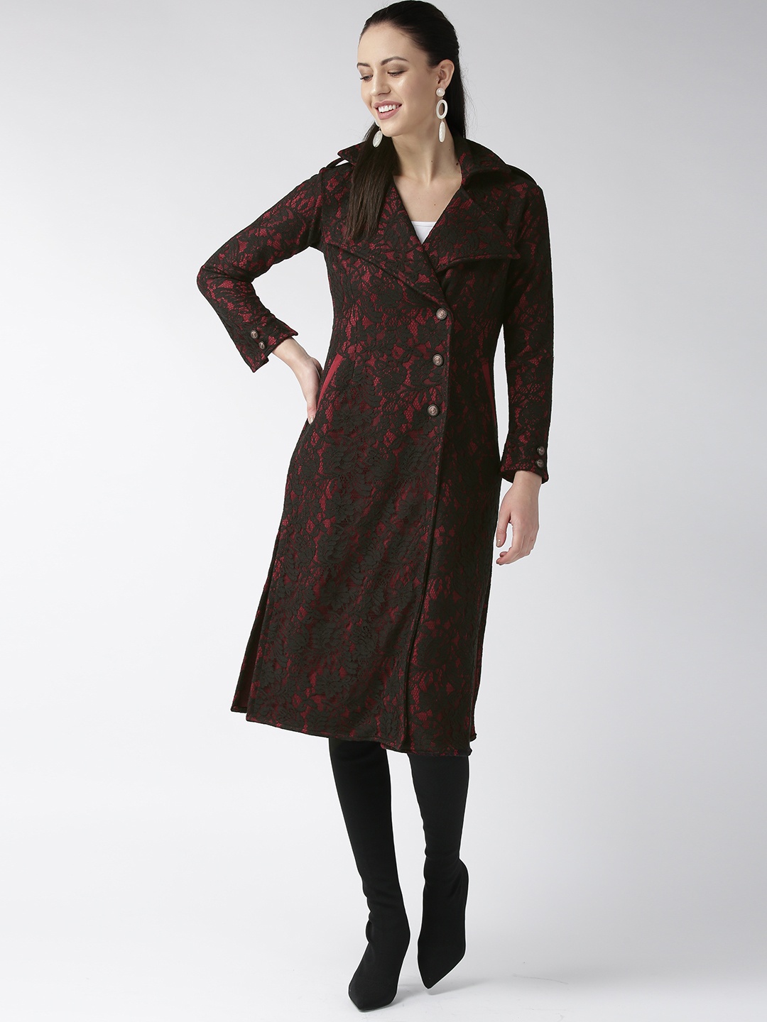 

WoowZerz Women Black & Maroon Slim Fit Lace Knee Length Overcoat