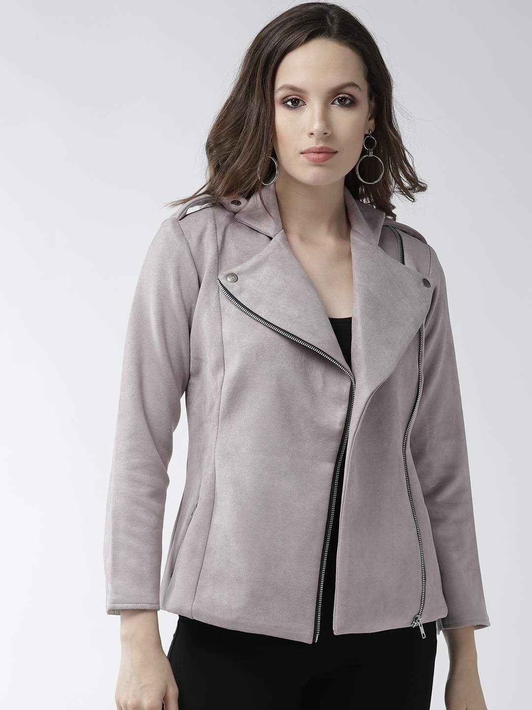 

WoowZerz Women Grey Solid Asymmetric Closure Slim Fit Tailored Jacket With Suede Finish