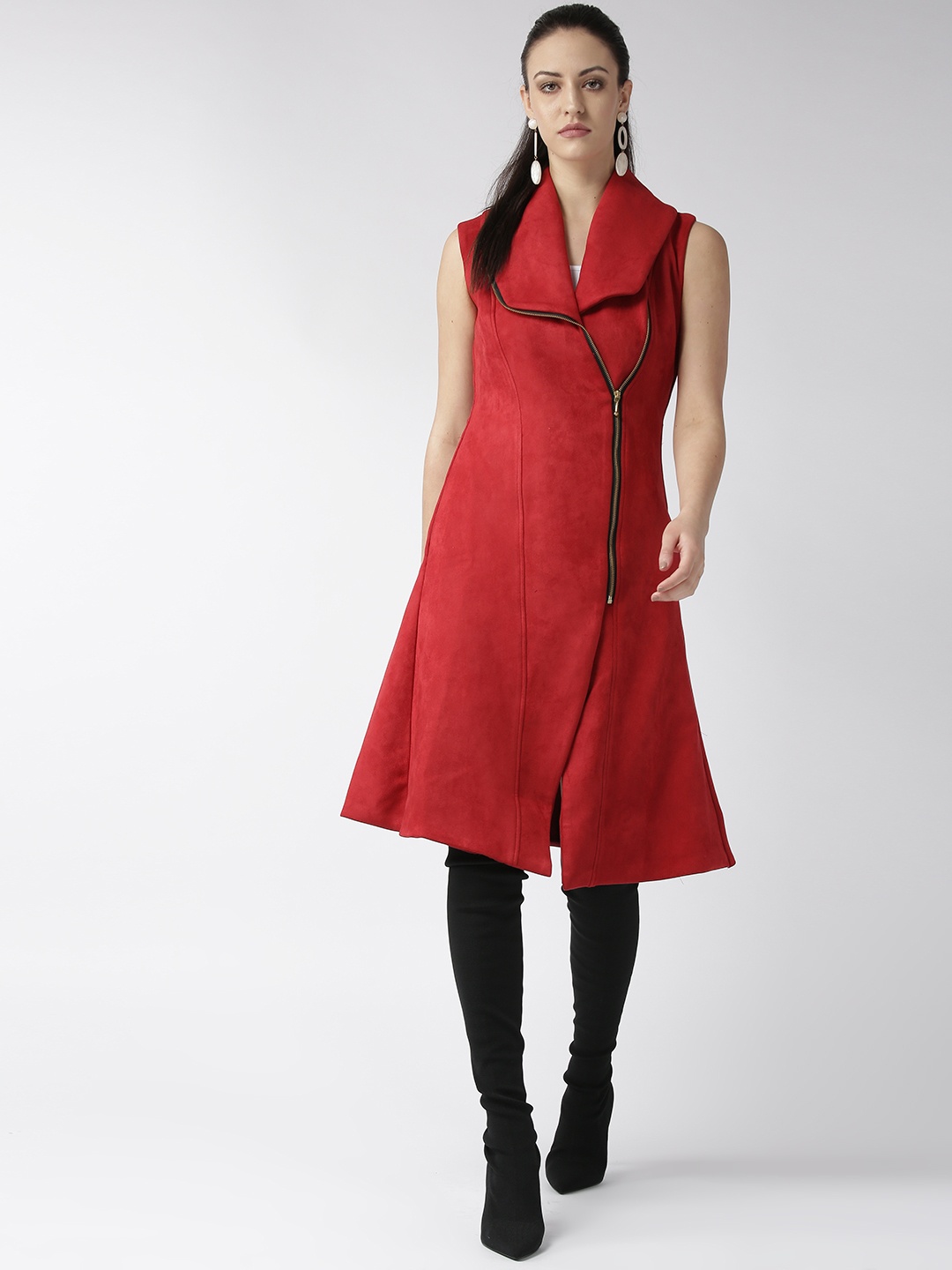

WoowZerz Women Red Suede Slim Fit Solid Longline Overcoat