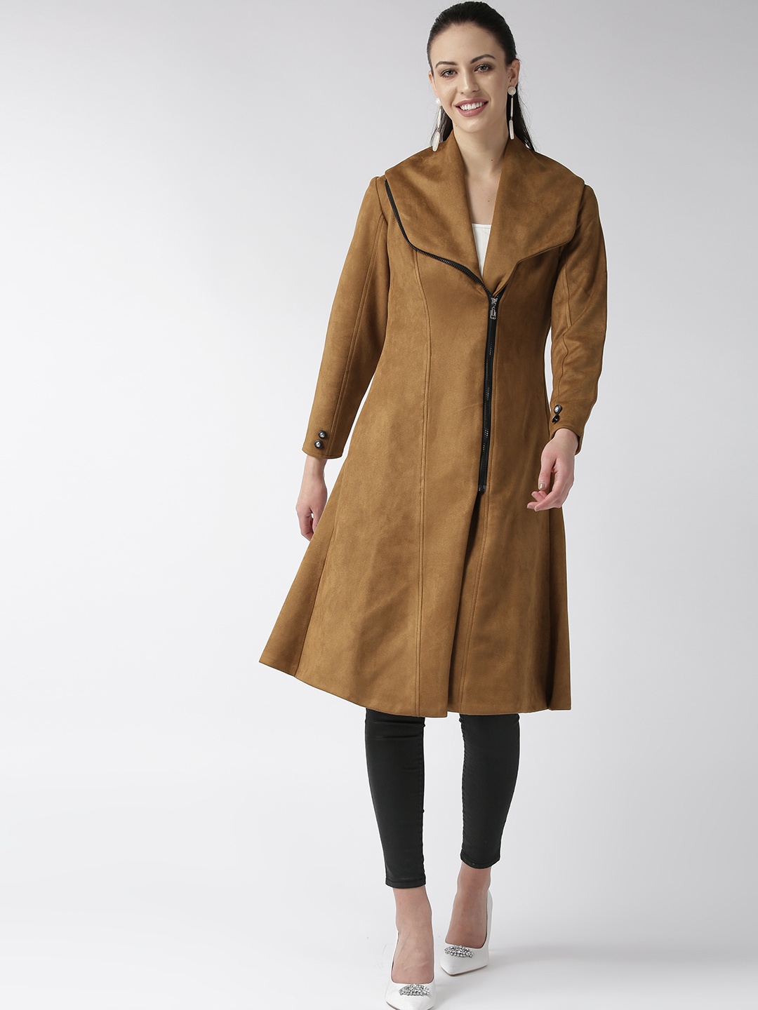 

WoowZerz Women Brown Suede Slim Fit Solid Longline Overcoat