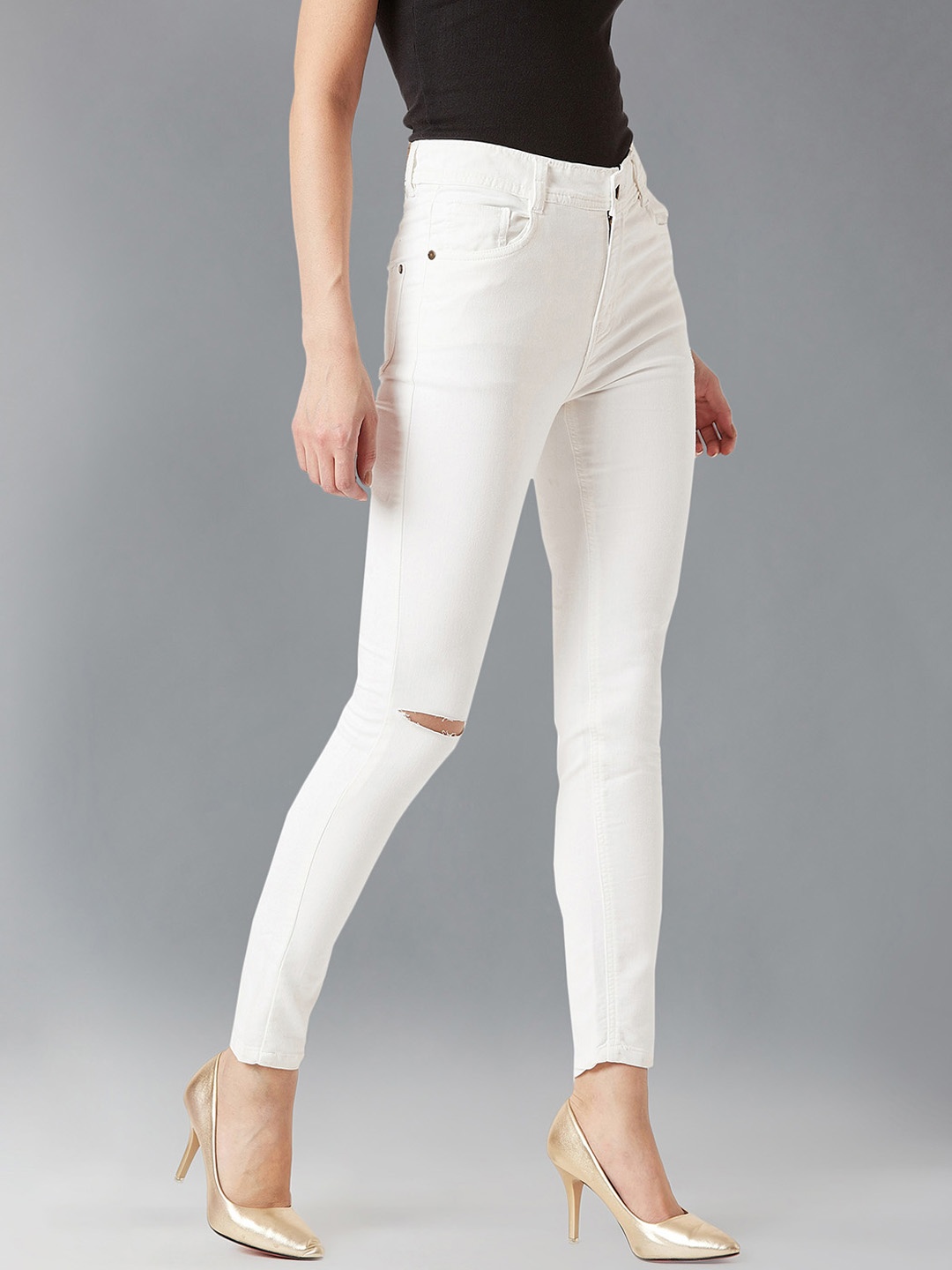 

DOLCE CRUDO Women Skinny Fit High-Rise Slash Knee Stretchable Jeans, White