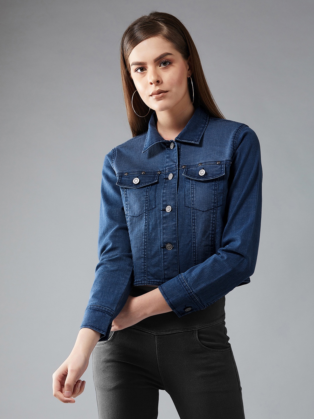 

DOLCE CRUDO Women Blue Solid Denim Jacket