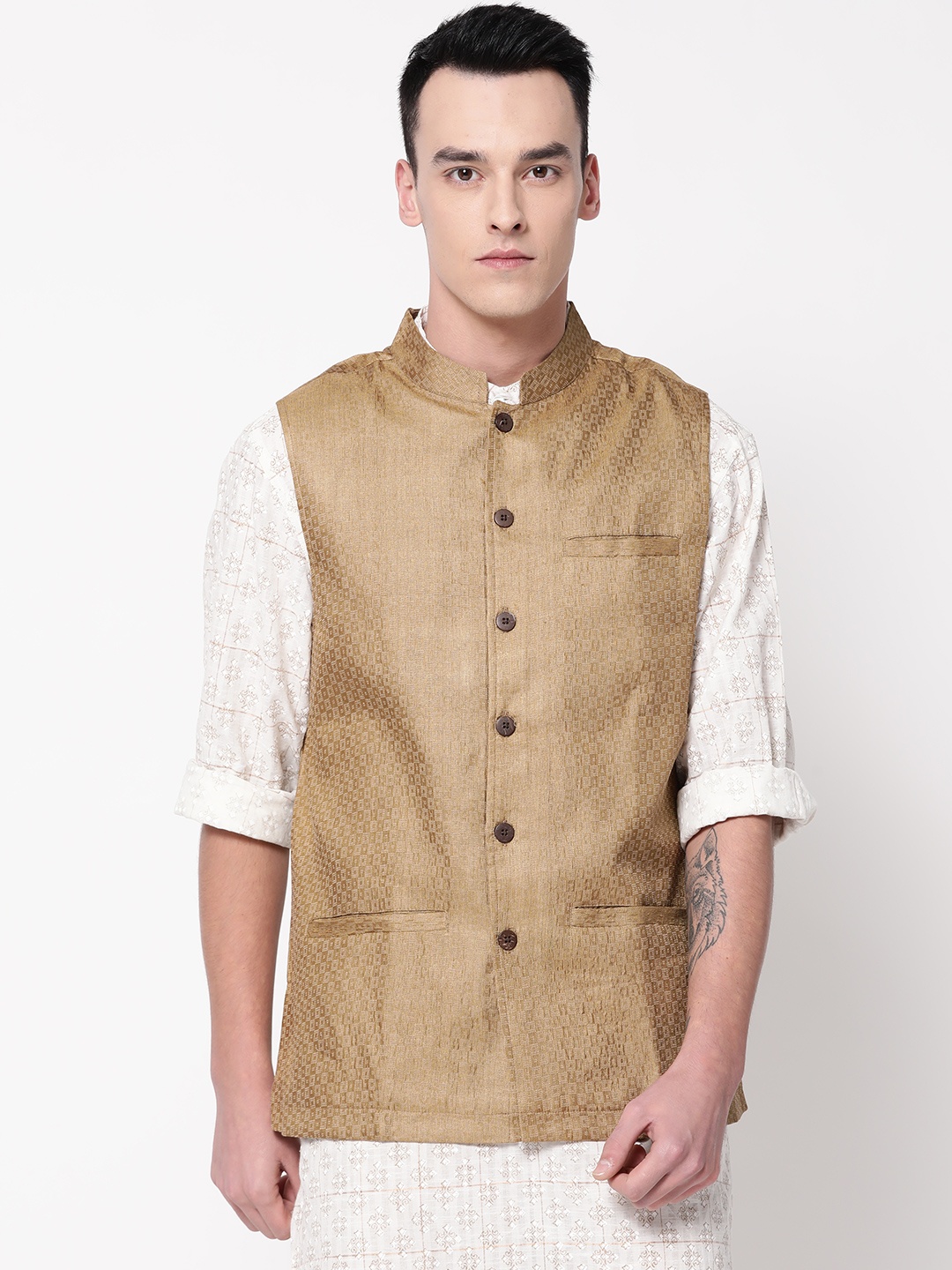 

Fabindia Men Beige Woven Design Zari Work Nehru Jacket