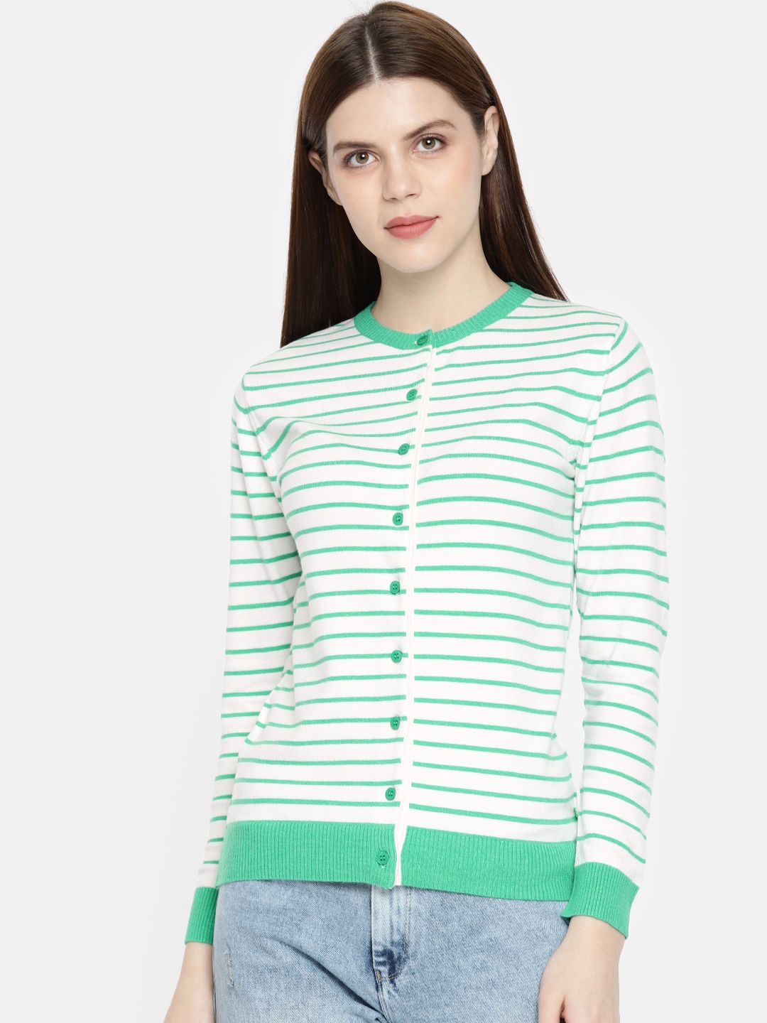 

Monte Carlo Women White & Green Striped Cardigan Sweater