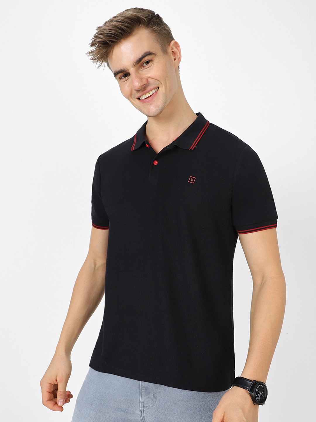 

Urbano Fashion Men Black Slim Fit Solid Polo Collar Pure Cotton T-shirt