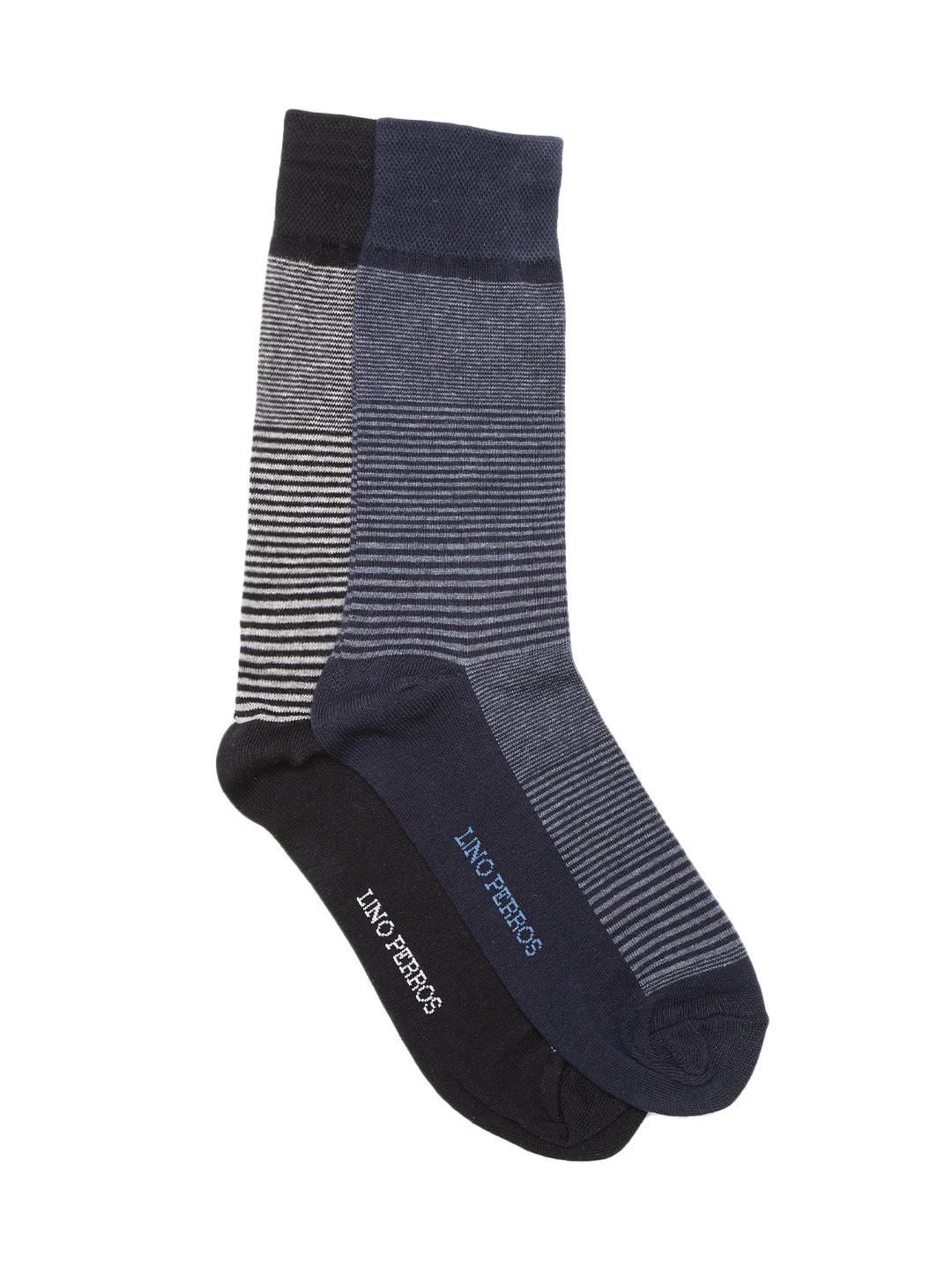 

Lino Perros Men Pack of 2 Striped Calf Length Socks, Navy blue
