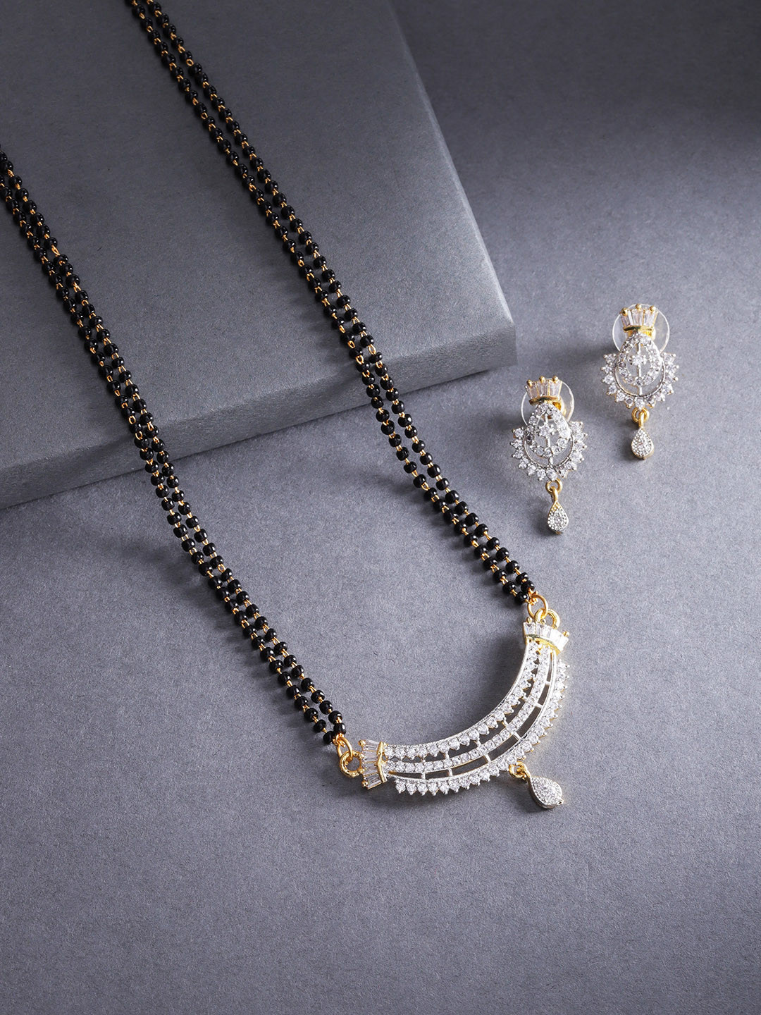 

Jewels Galaxy Black Gold-Plated Beaded & Stone-Studded Mangalsutra & Earrings Set