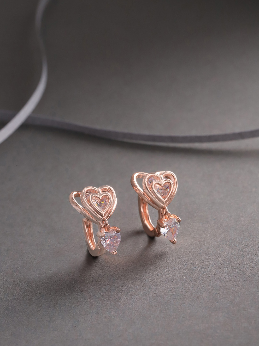 

Jewels Galaxy Rose Gold-Plated Stone-Studded Heart Shaped Drop Earrings