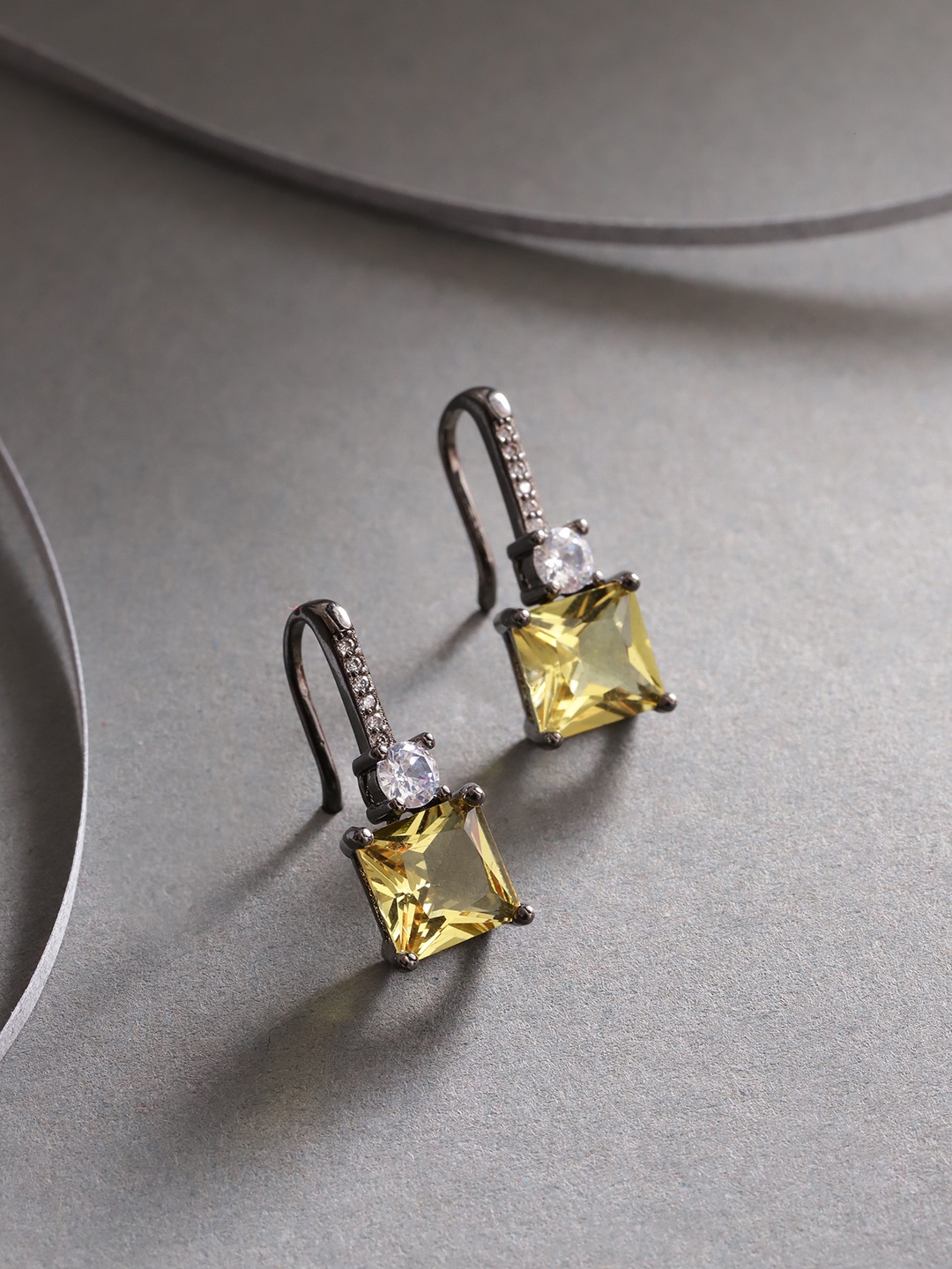 

Jewels Galaxy Yellow & Gunmetal-Toned Silver Plated Stone Studded Square Drop Earrings