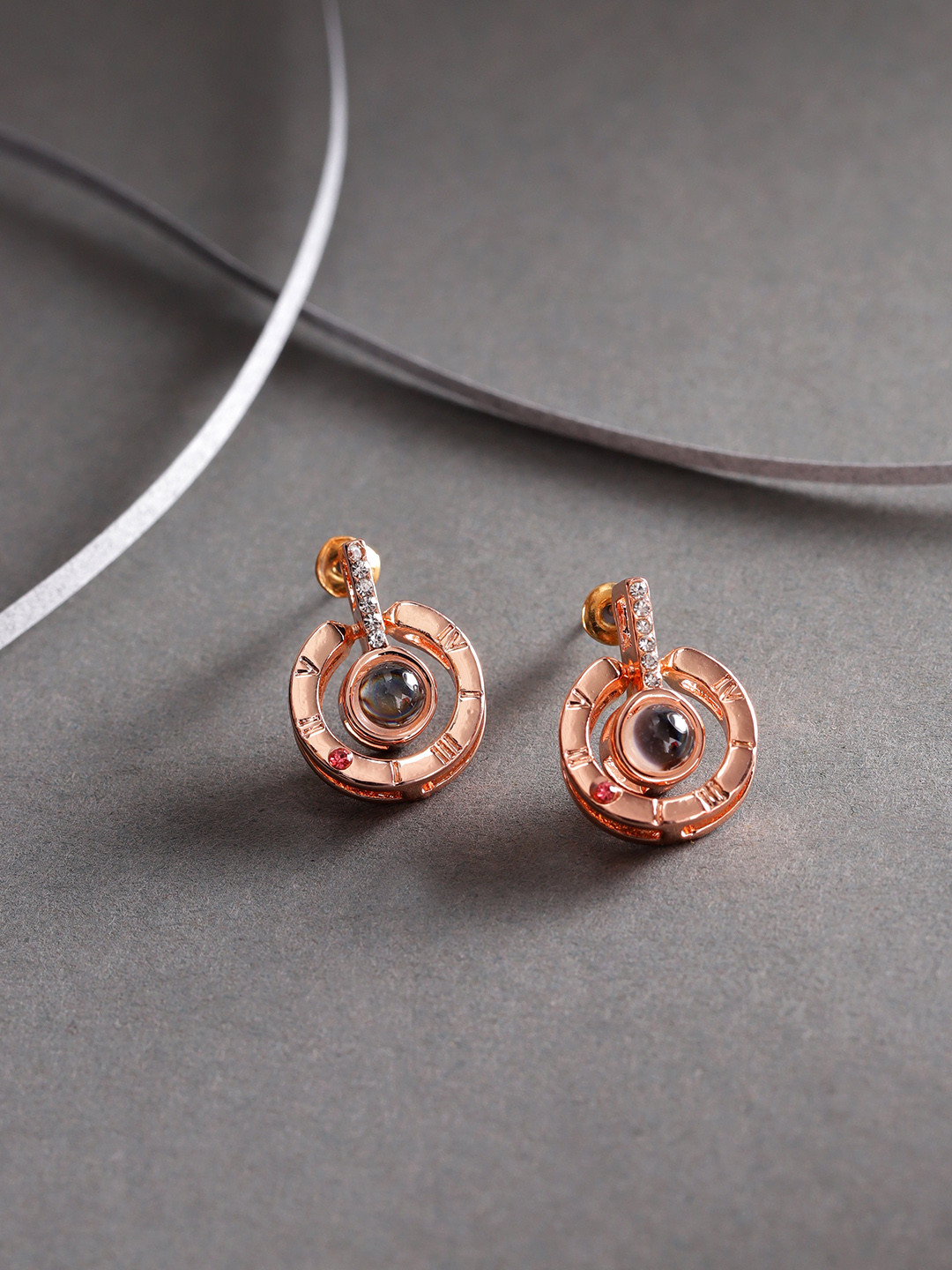 

Jewels Galaxy Rose Gold-Plated Stone Studded Circular Drop Earrings