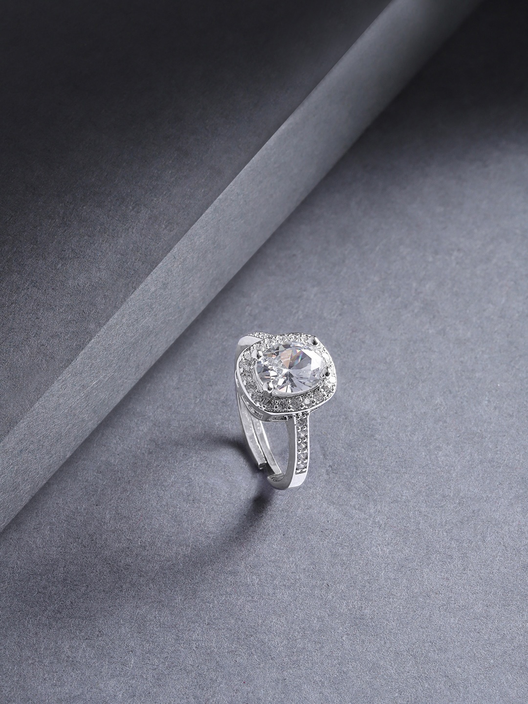 

Jewels Galaxy Silver-Plated Stone-Studded Handcrafted Adjustable Finger Ring