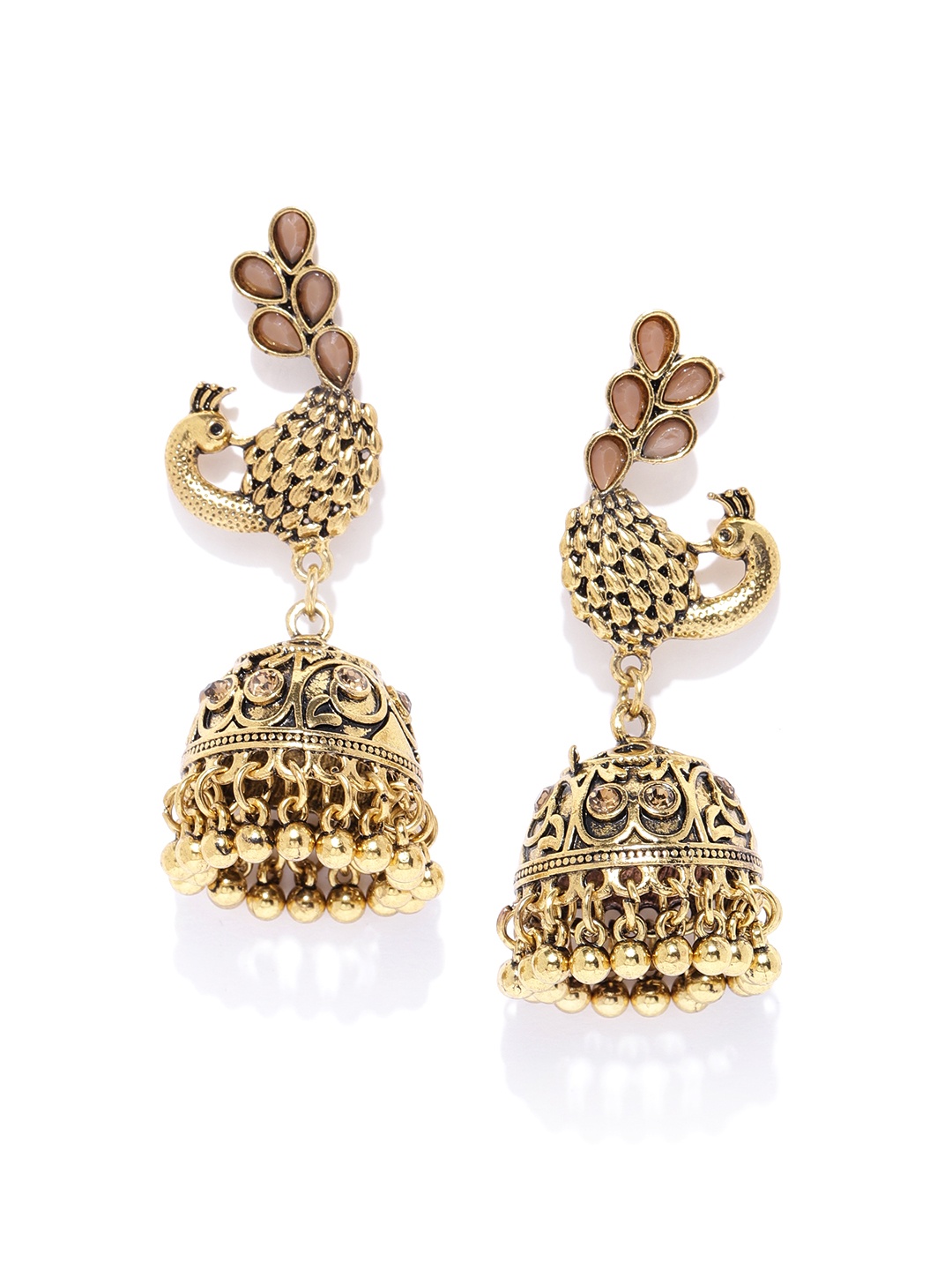 

Jewels Galaxy Antique Gold-Plated Stone-Studded Textured Dome Shaped Jhumkas