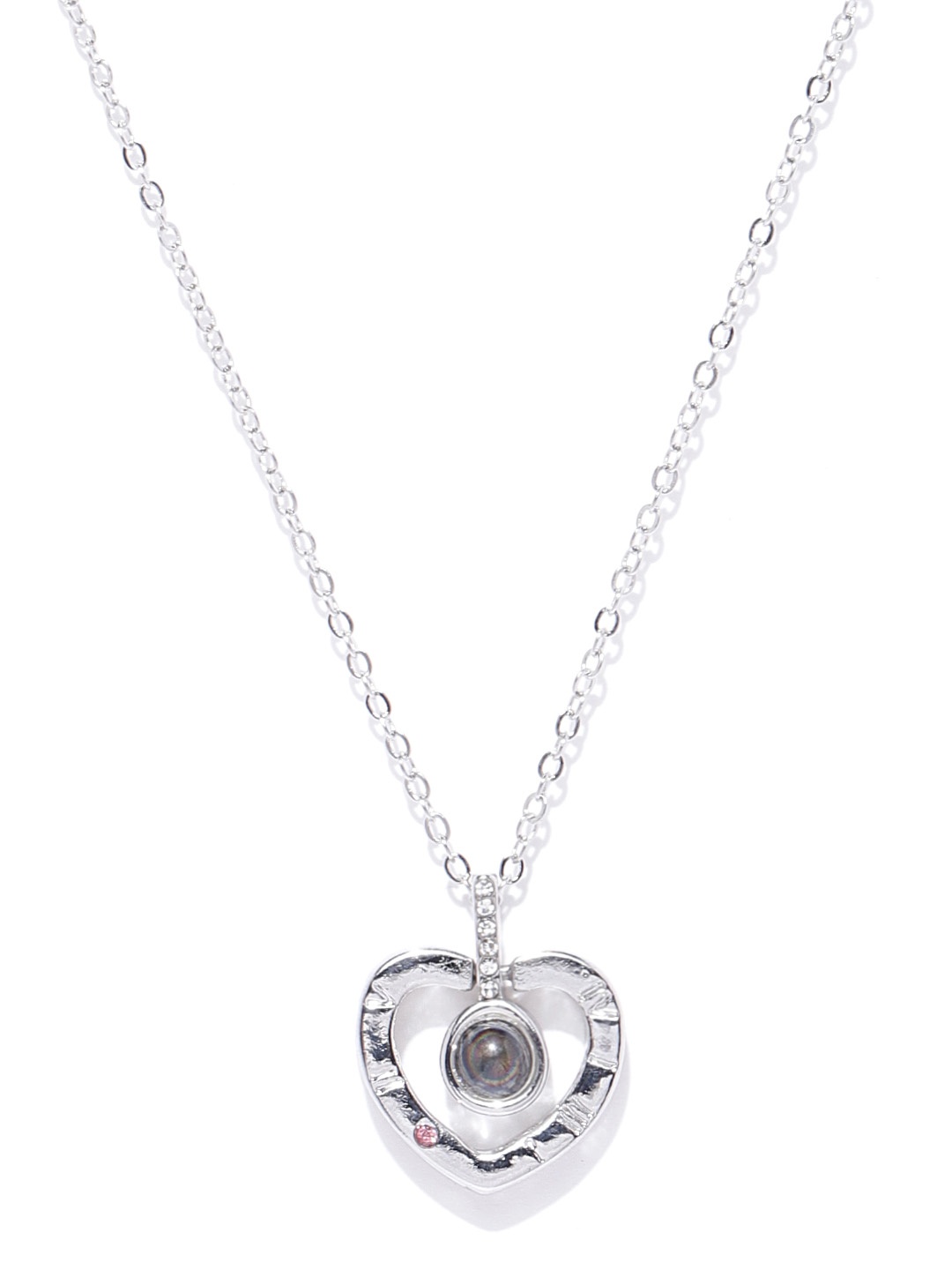 

Jewels Galaxy Grey Silver-Plated Stone-Studded Heart-Shaped Handcrafted Pendant with Chain