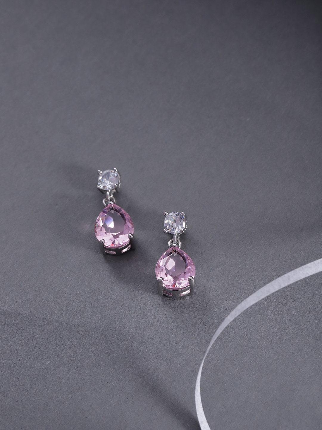 

Jewels Galaxy Pink Silver-Plated Stone Studded Teardrop Shaped Drop Earrings