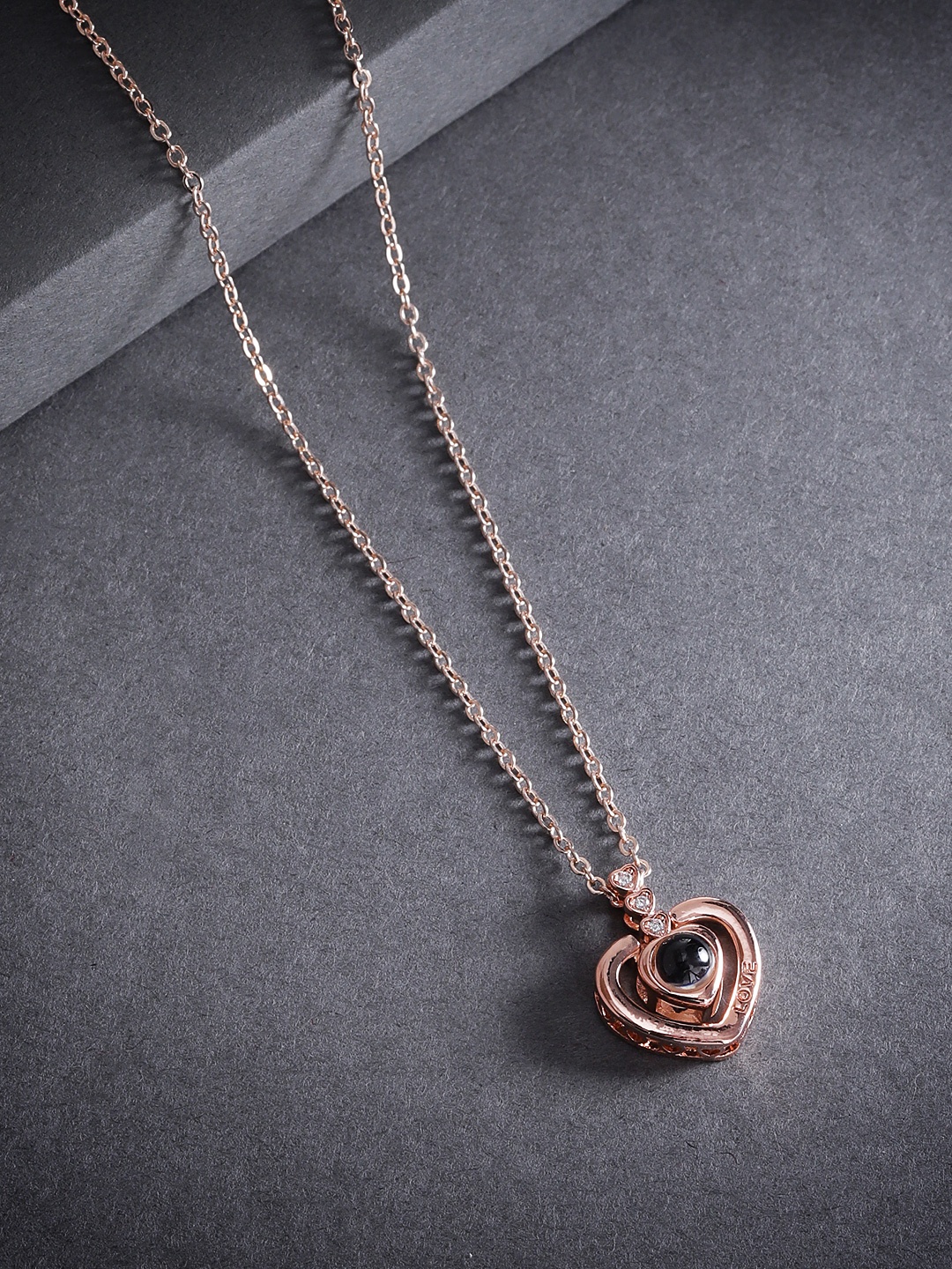 

Jewels Galaxy Rose Gold-Plated Stone-Studded Heart-Shaped Handcrafted Pendant with Chain