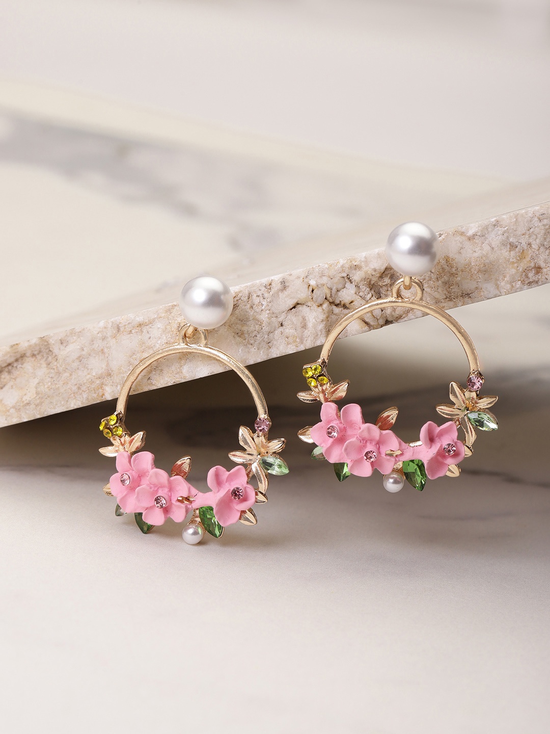 

YouBella Pink & Off-White Gold-Plated Stone-Studded Floral Drop Earrings