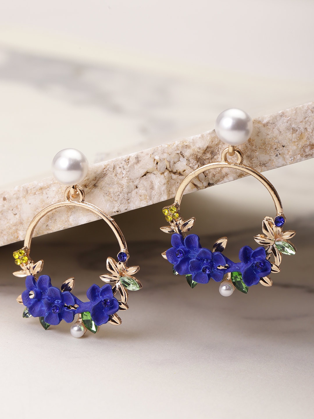 

YouBella Blue Gold-Plated Stone-Studded & Beaded Circular Drop Earrings