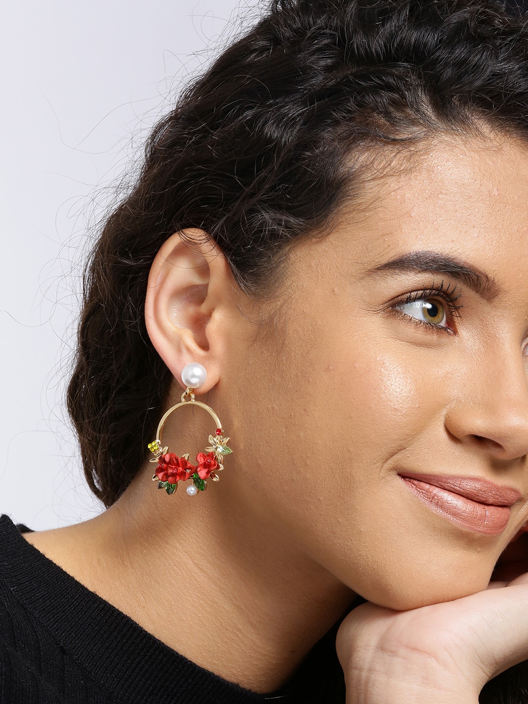 

YouBella Red Gold-Plated Stone-Studded & Beaded Floral Drop Earrings