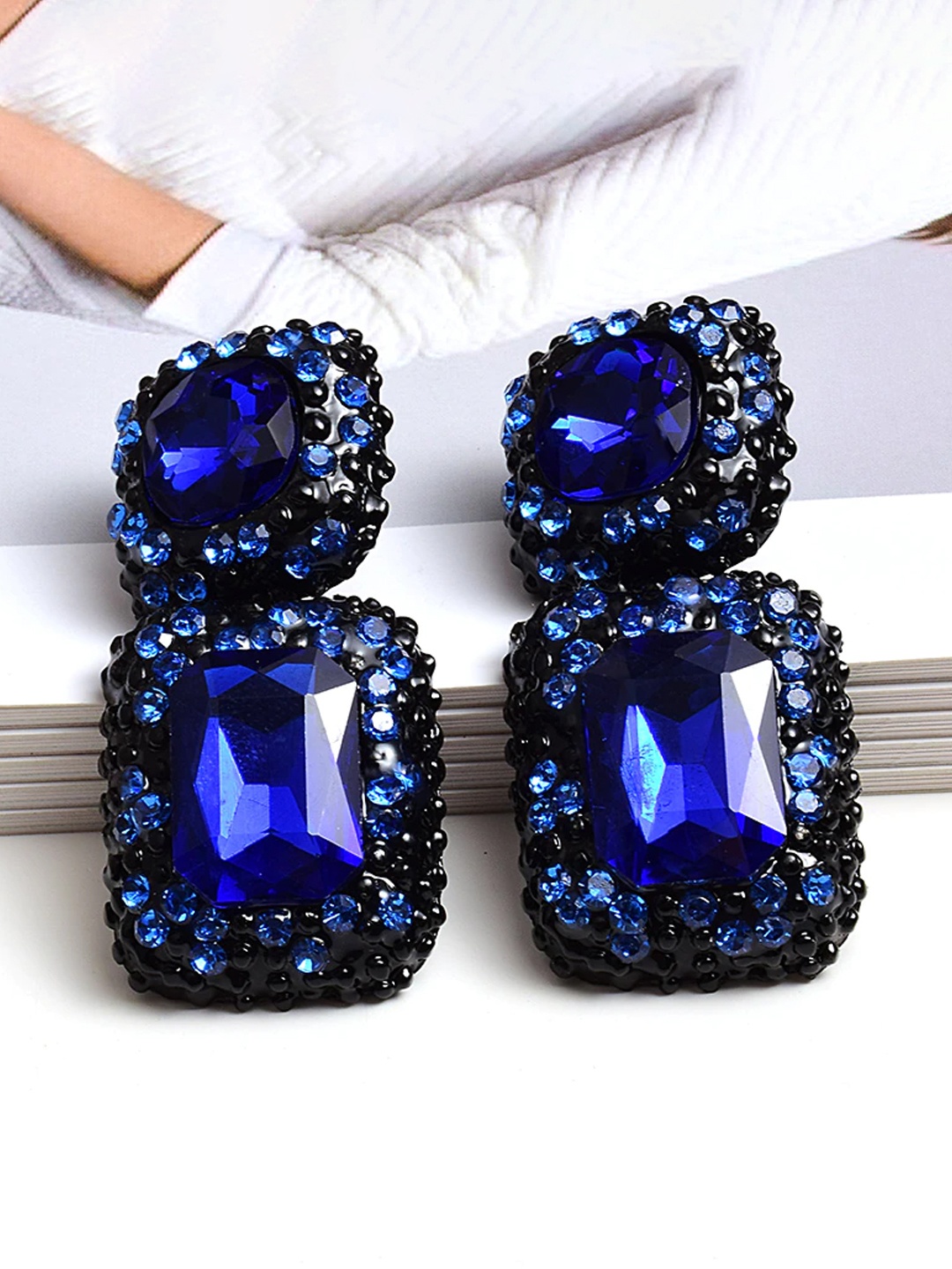 

YouBella Blue & Black Stone-Studded Geometric Drop Earrings
