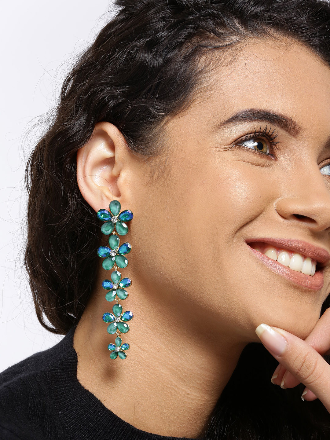 

YouBella Green & Blue Gold-Plated Floral Stone-Studded Drop Earrings