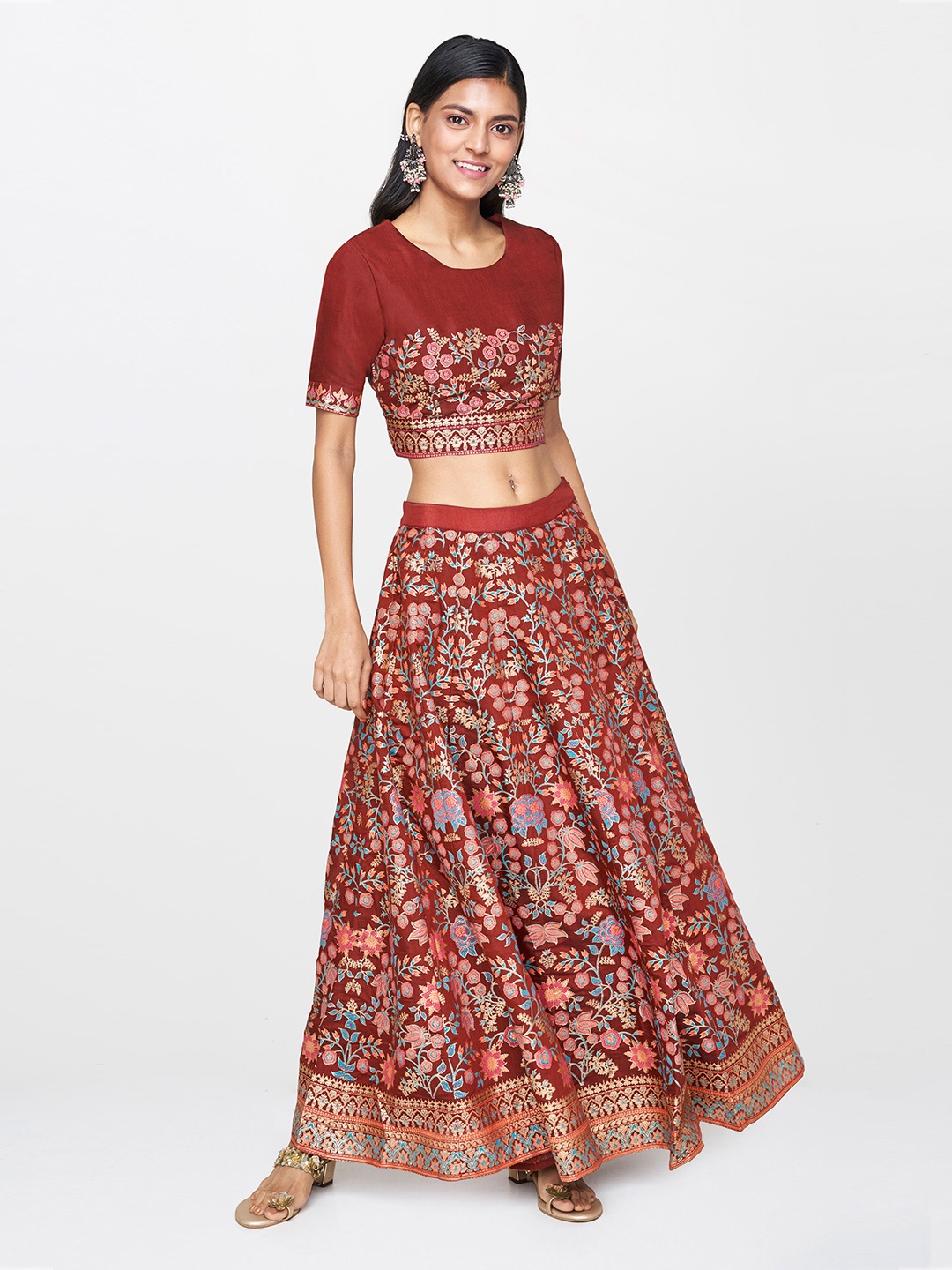 

Global Desi Women Maroon Printed Crop Top with Skirt