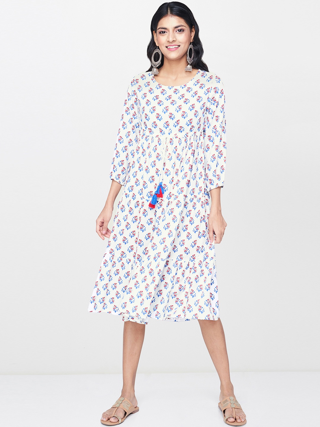 

Global Desi Women White & Blue Floral Print Fit and Flare Dress