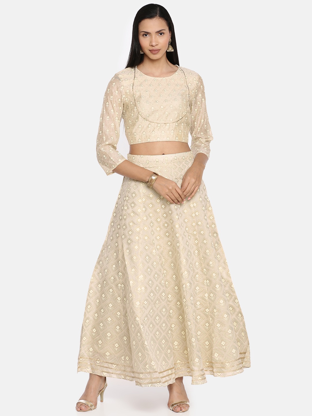 

Global Desi Women Beige Printed Crop Top with Skirt