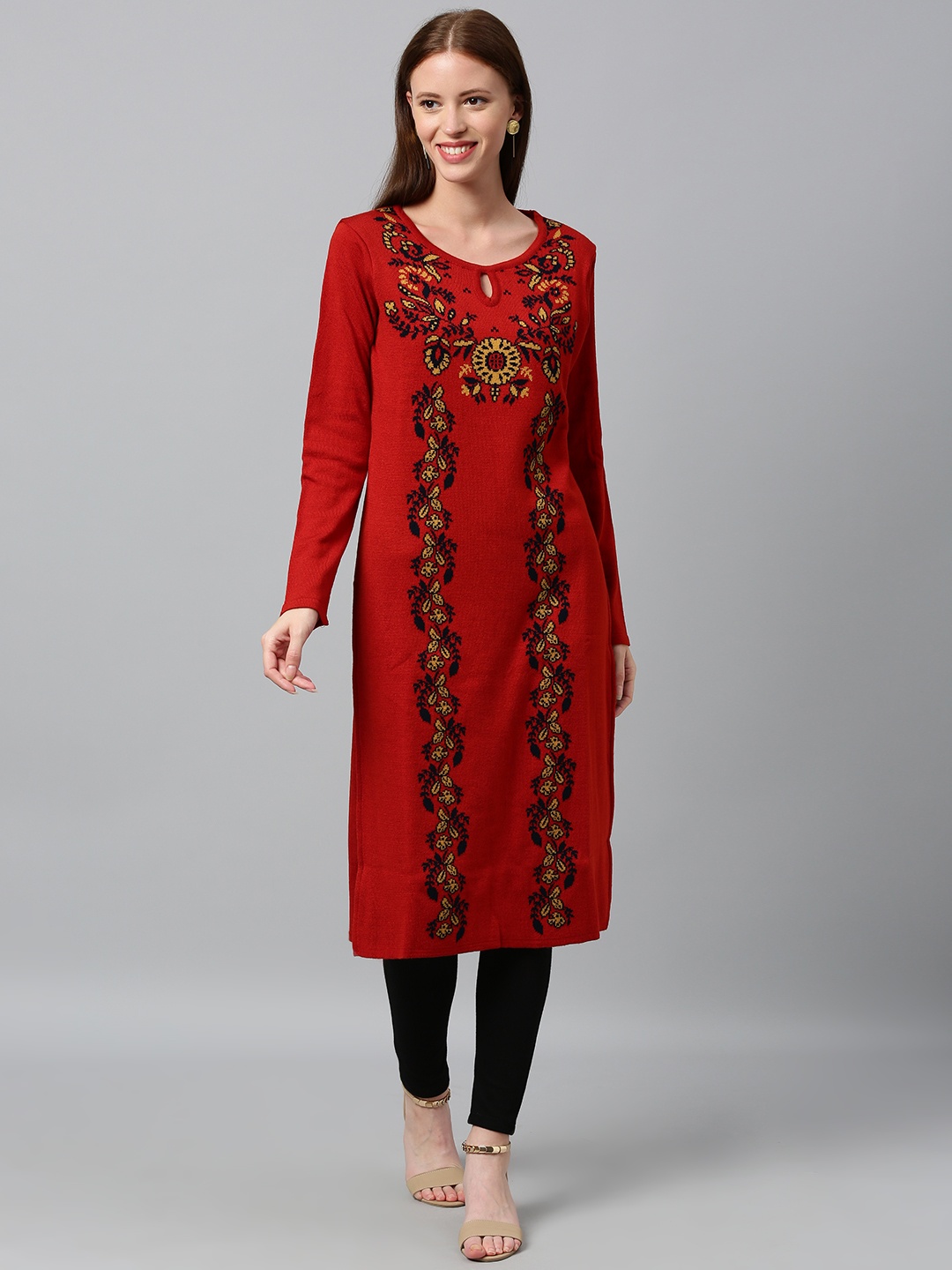 

Global Desi Women Red & Black Floral Printed Straight Kurta