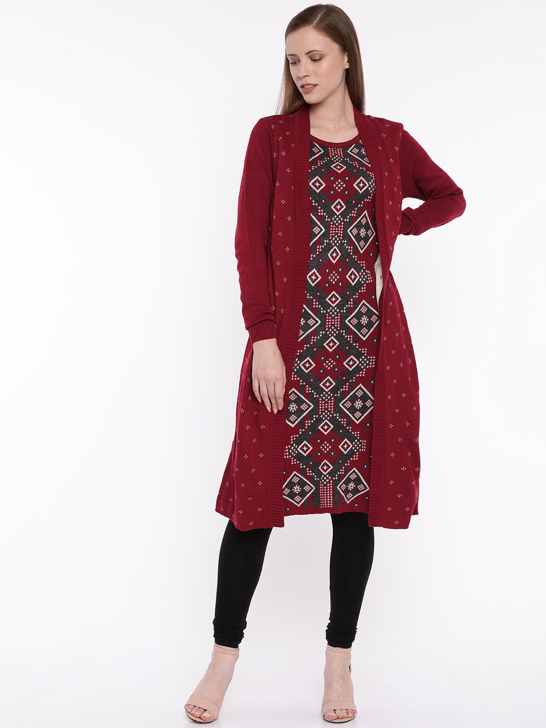 

Global Desi Women Maroon & Grey Woven Design A-Line Sweater Kurta