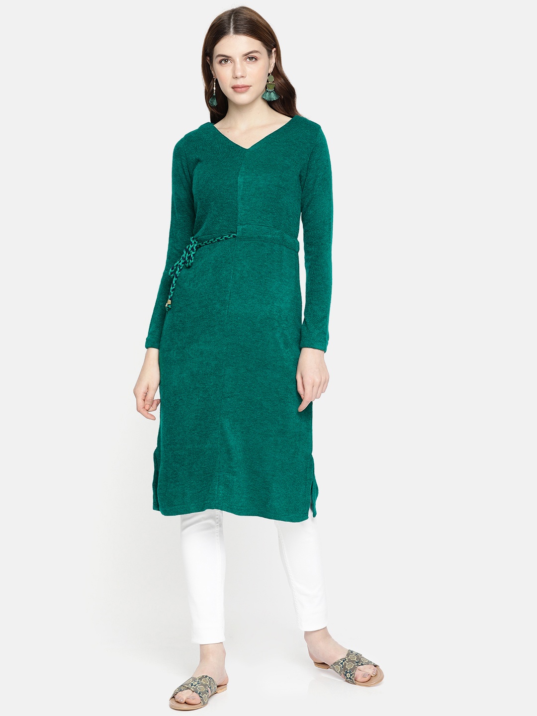 

Global Desi Women Green Solid Sweater Tunic