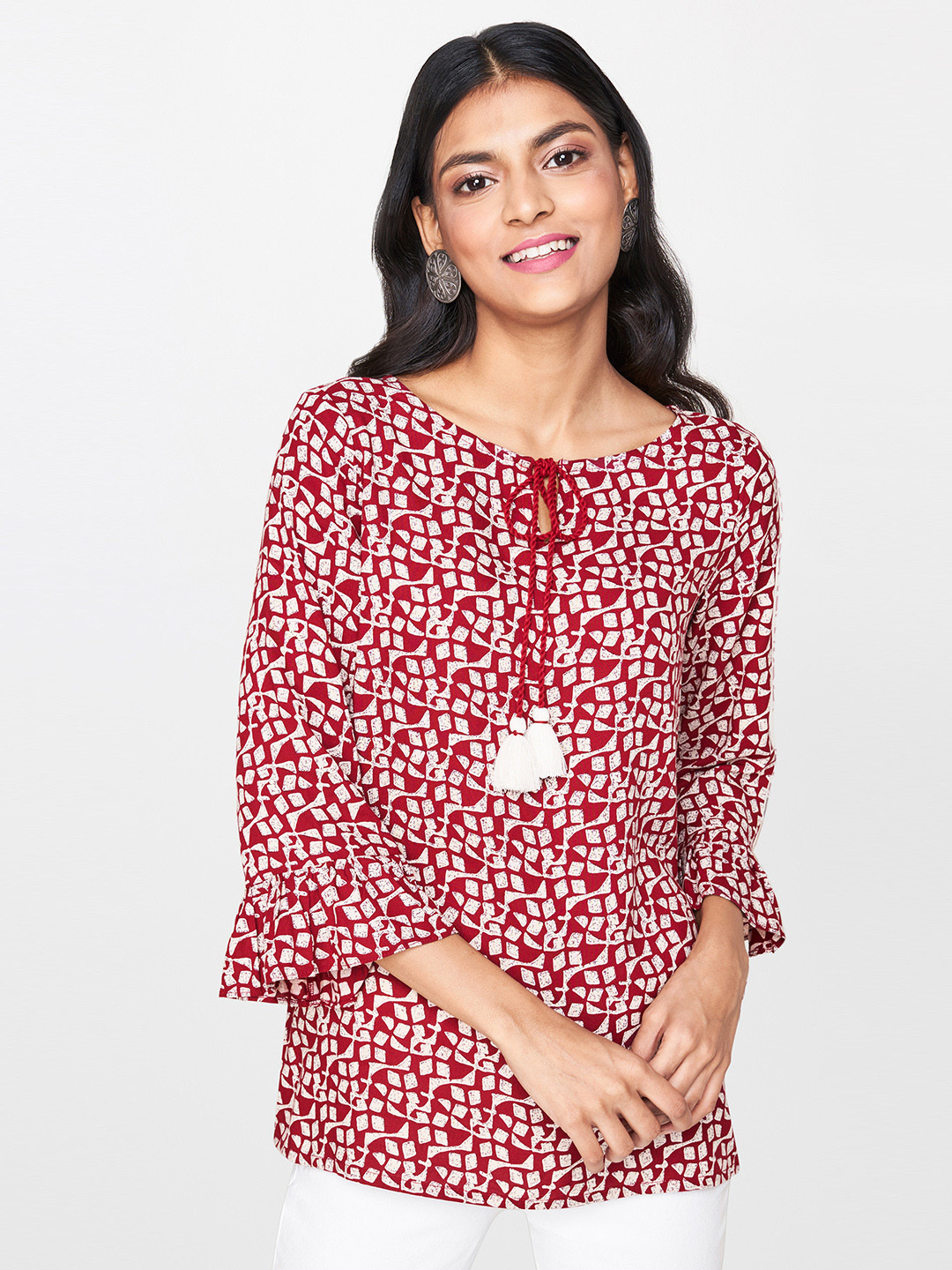 

Global Desi Women Maroon & Off-White Printed Pure Cotton Top