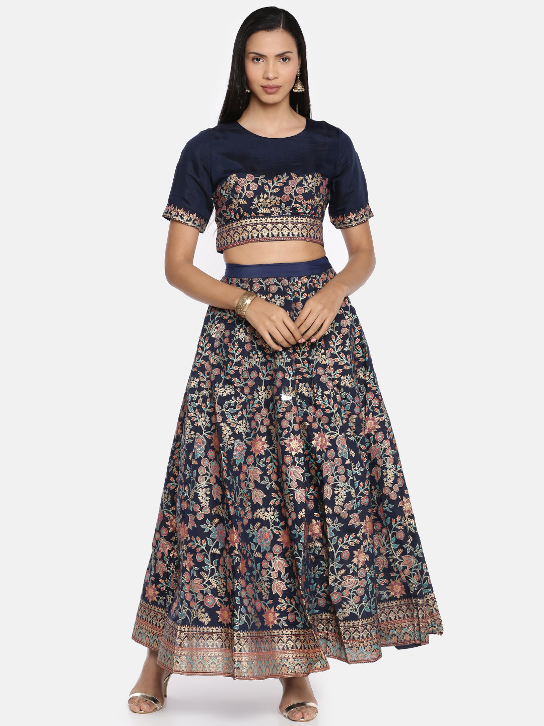 

Global Desi Women Navy Blue Printed Crop Top with Skirt