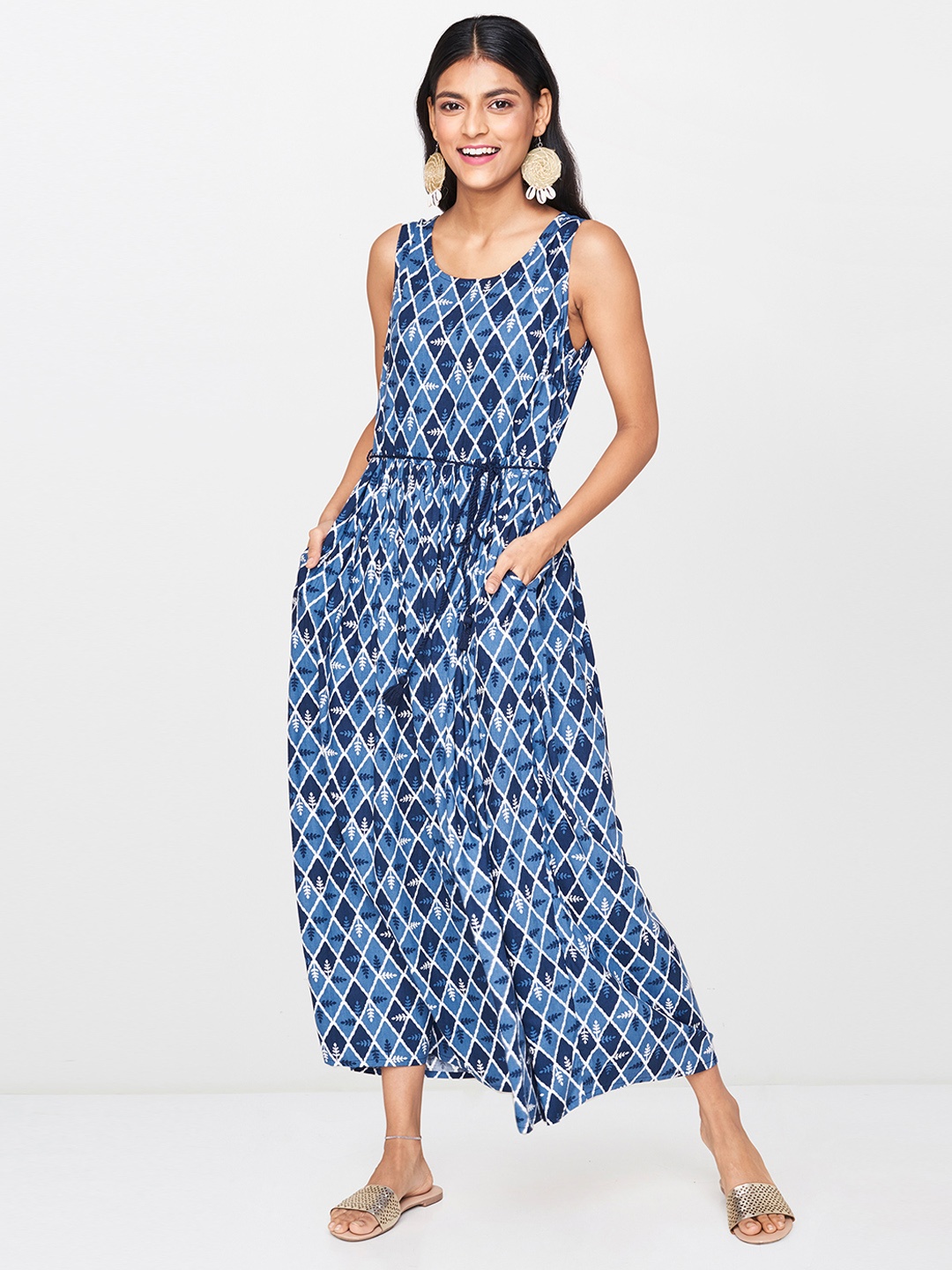 

Global Desi Women Blue & White Printed Maxi Dress With Waist Tie-Up