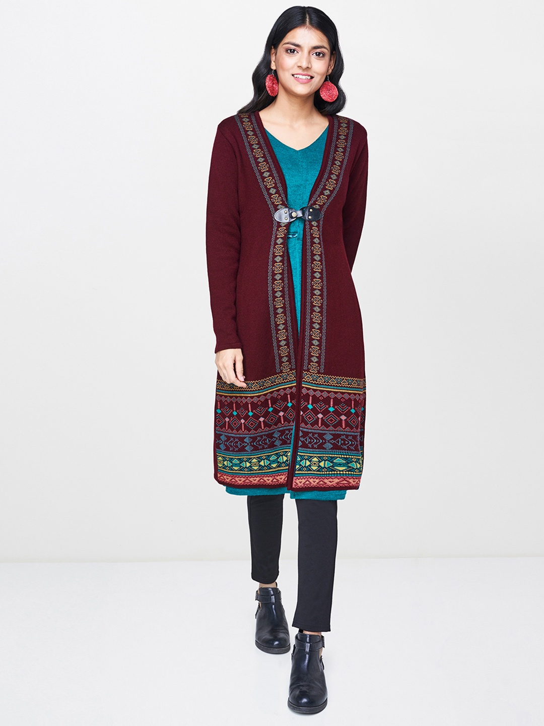 

Global Desi Women Maroon Self Design Cardigan